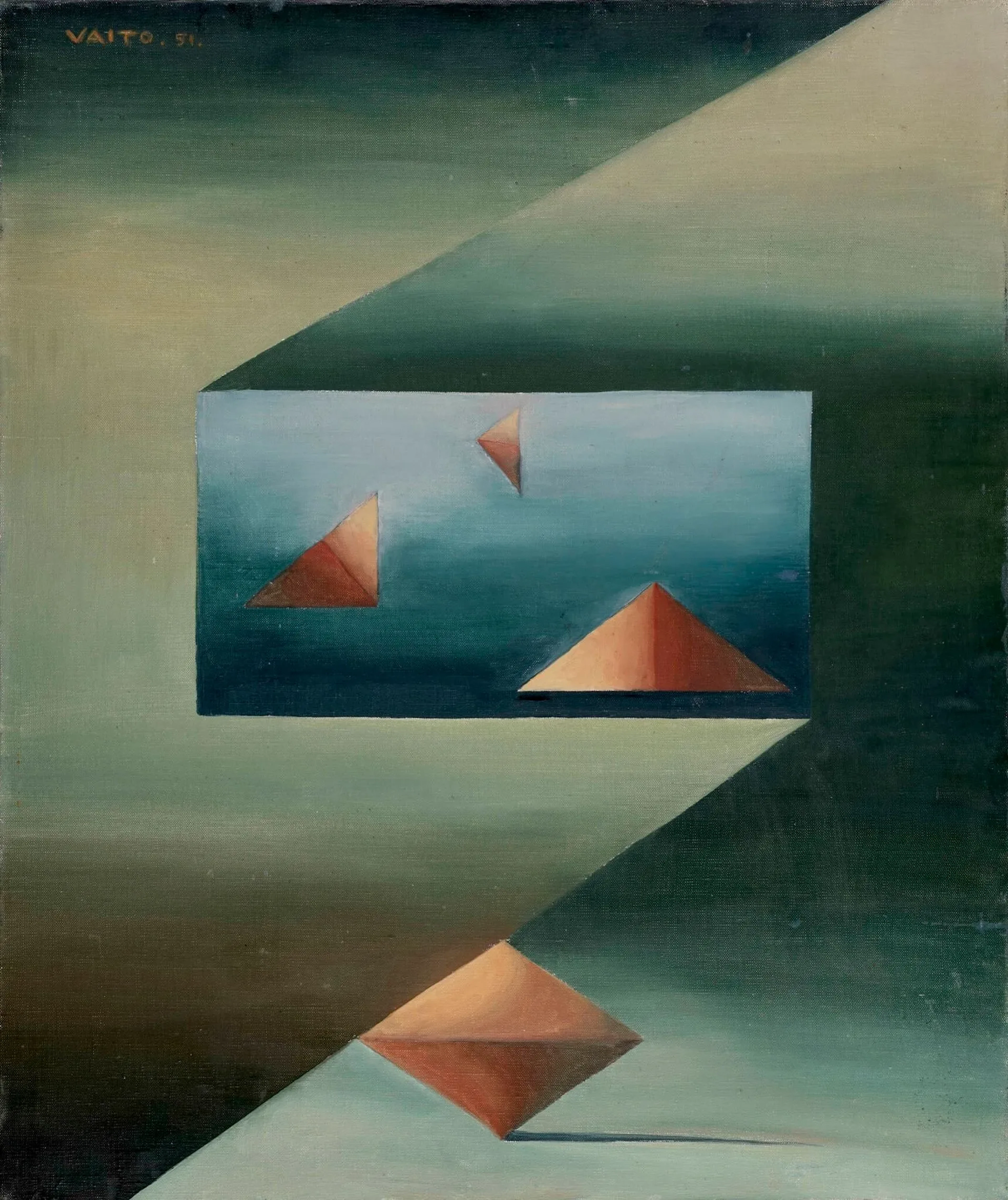 VAÏTO Agathe, 1928-1973, Composition surréaliste, 1951, huile sur toile, signée et datée en haut à gauche, signée au dos, 55x46 cm. PROVENANCE: Collection Chantal et Georges Feher