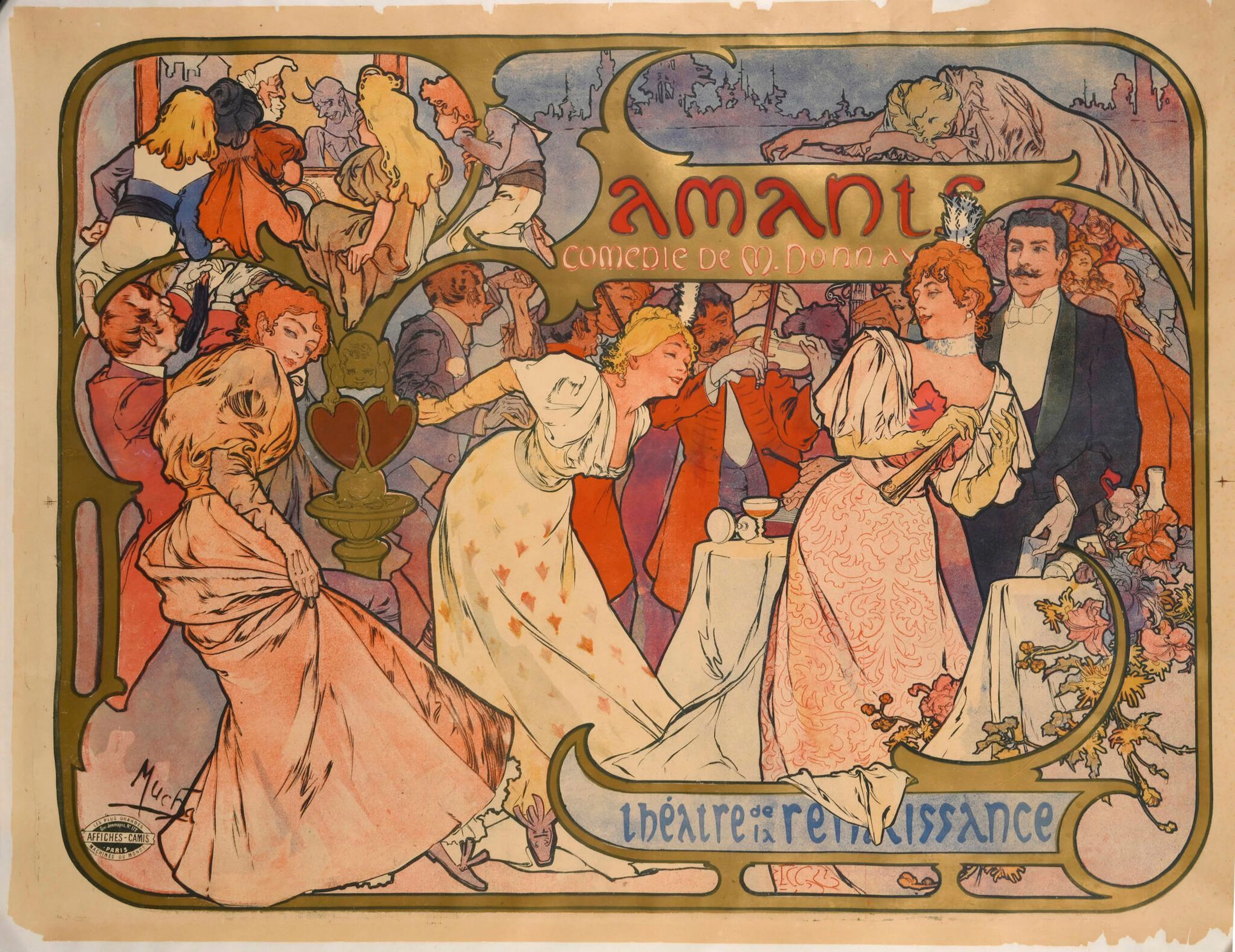MUCHA Alphonse. Amants. Comédie de M. Donnay. Théâtre de la Renaissance. 1895. Affiche lithographique. Signée en bas à gauche dans la planche. Affiches Camis Paris. Entoilée, assez bon état : déchirures restaurées dans les ors et les fleurs à droite de la robe de la femme, déchirures restaurées le long des anciens plis médians difficilement visibles, traces de rousseurs et un petit manque restauré dans les ors mais les ors restent vifs, manques et rousseurs dans les marges. Couleurs fraîches. 105 x 142,5 cm Bibliographie : Jack Rennert et Alain Weill. Alphonse Mucha. Toutes les Affiches & Panneaux. Henri Veyrier Paris 1984. Pages 62 et 63.