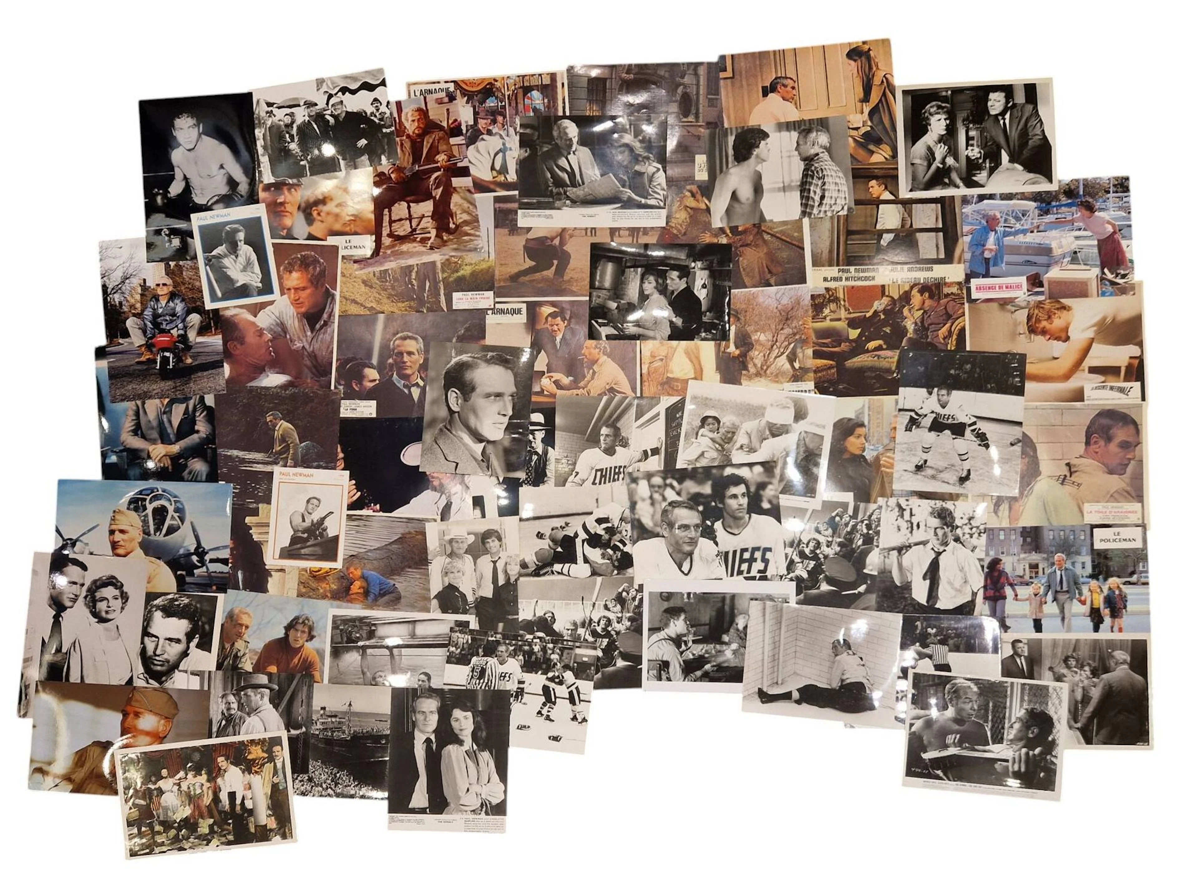 Cinéma, films, acteurs et actrices, Hollywood, Paul Newman (1925-2008). Ensemble de plus d’une trentaine de tirages postérieurs et contretypes en couleur et en noir et blanc sur papiers « Fujifilm Fujicolor Crystal Archive Paper Supreme », « Kodak Paper » et autres. Exemples de sujets : tournages et scènes de films, réalisateurs, films dont « Hombre », « The Verdict », « Cool Hand Luke », « Exodus », « Les Feux de l'Été », « Paris Blues », « Les Indésirables », « Juge et hors la loi », « La Castagne », etc. Divers états. Formats entiers moyens environ de 24 x 17,7 cm à 30,5 x 20,5 cm. Sont joints des documents sur Paul Newman : « Le Policeman », « Le Clan des Irréductibles », « Le Piège », « La Toile d’Araignée », « Evasion sur Commande », « Le Rideau déchiré », « Luke la main froide », « Les 3 jours du Condor », etc.