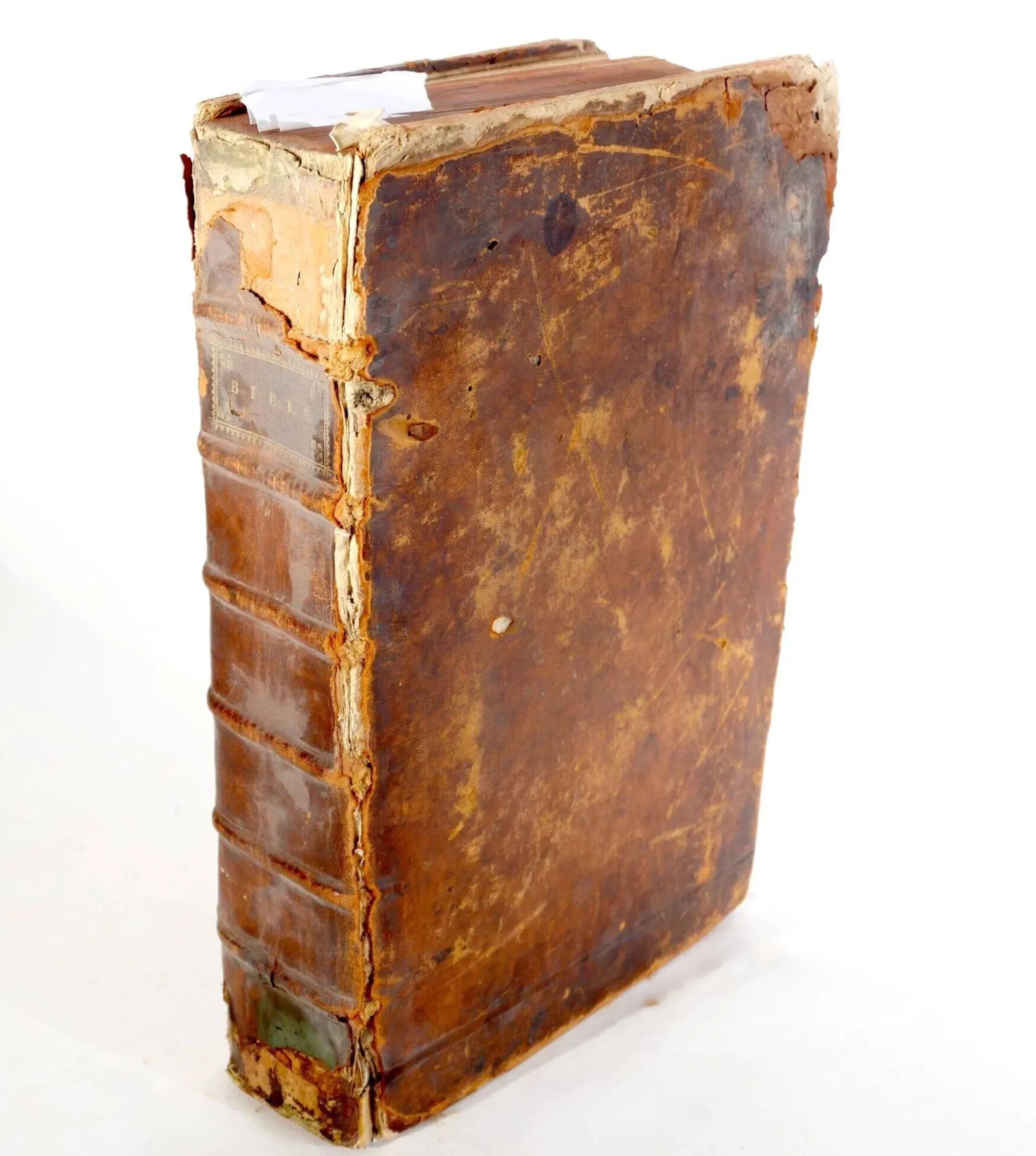 La Bible, qui est toute la Saincte Escriture, contenant le Vieil & le Nouveau Testament, autrement, la Vieille & la Nouvelle Alliance. On a nouvellement adiousté en ceste edition entre autres choses, des figures esquelles sont cottez les passages correspondants des quatre dernier livres de Moyse. [Genève], L'olivier de Henri Estienne, [1565]. 2 tomes en un volume in-folio, édition illustrée de bois gravés dont trois à pleine page et un à double page. Reliure pleine basane postérieure, dos à 6 nerfs. Ex-libris manuscrit Claude-Charles Raimbault. (reliure usée, importants frottements, manques de cuir, restaurations et manques aux premiers feuillets, incomplet des derniers feuillets de table)