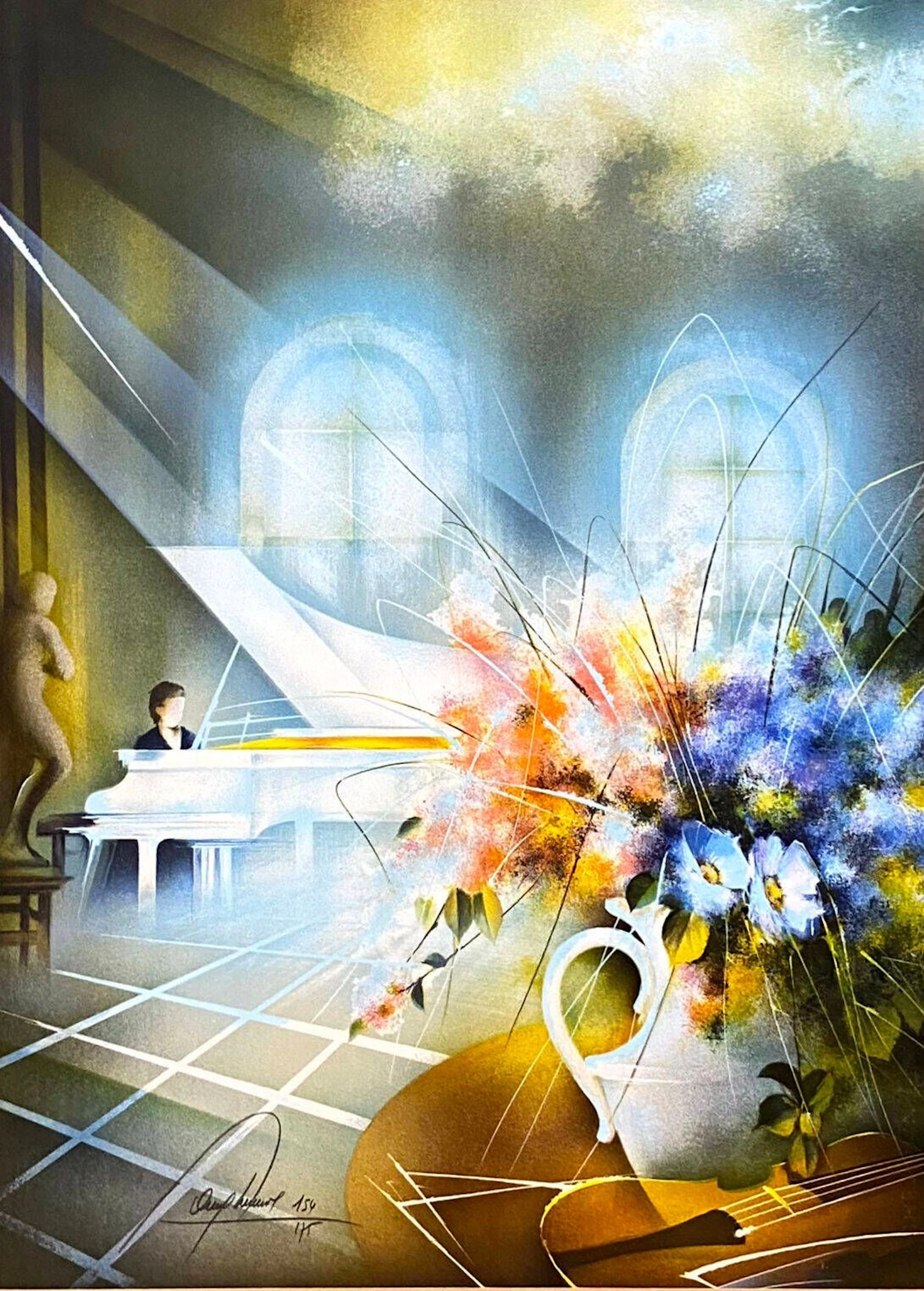 Lot comprenant : Raymond POULET (né en 1934) Piano et bouquet, 1995 Lithographie en couleurs, 154/175, signée en bas à droite, Arts LItho Paris ed., 73 x 53 cm à vue au dos du montage, un certificat d'authenticité de l'éditeur. Jean ZNOSKO (né en 1954) Femme au bouquet, Lithographie en couleurs, EA, signée en bas à gauche 67 x 50 cm à vue FINI Leonor (1907-1996) Visage, 1979 Lithographie en couleurs, 10/275, atelier Grapholith, au dos du montage un certificat d'authenticité insolation, quelques rousseurs 64 x 43 cm à vue