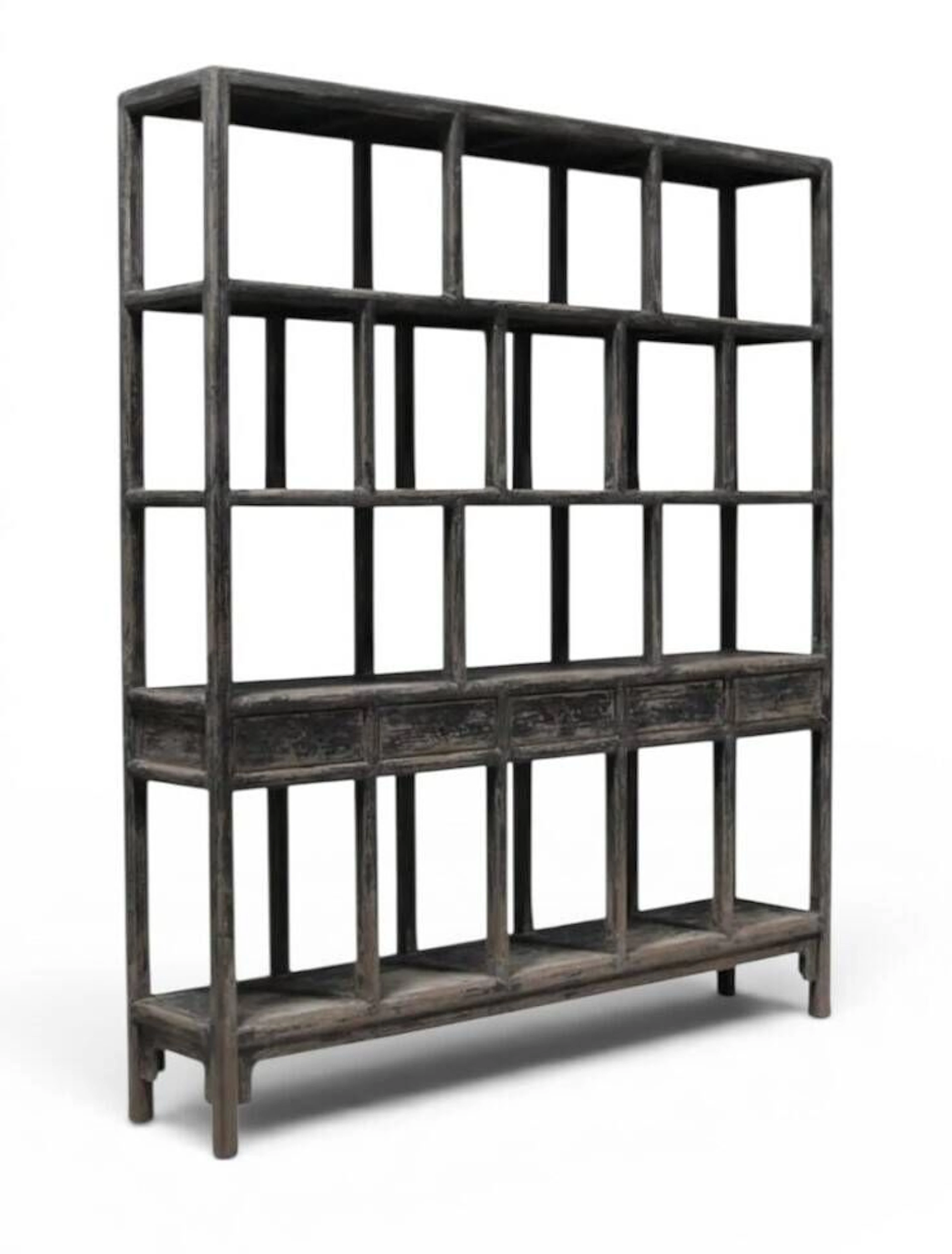 Large wooden bookcase or craft shelf with an aged patina, fe - Lot 525