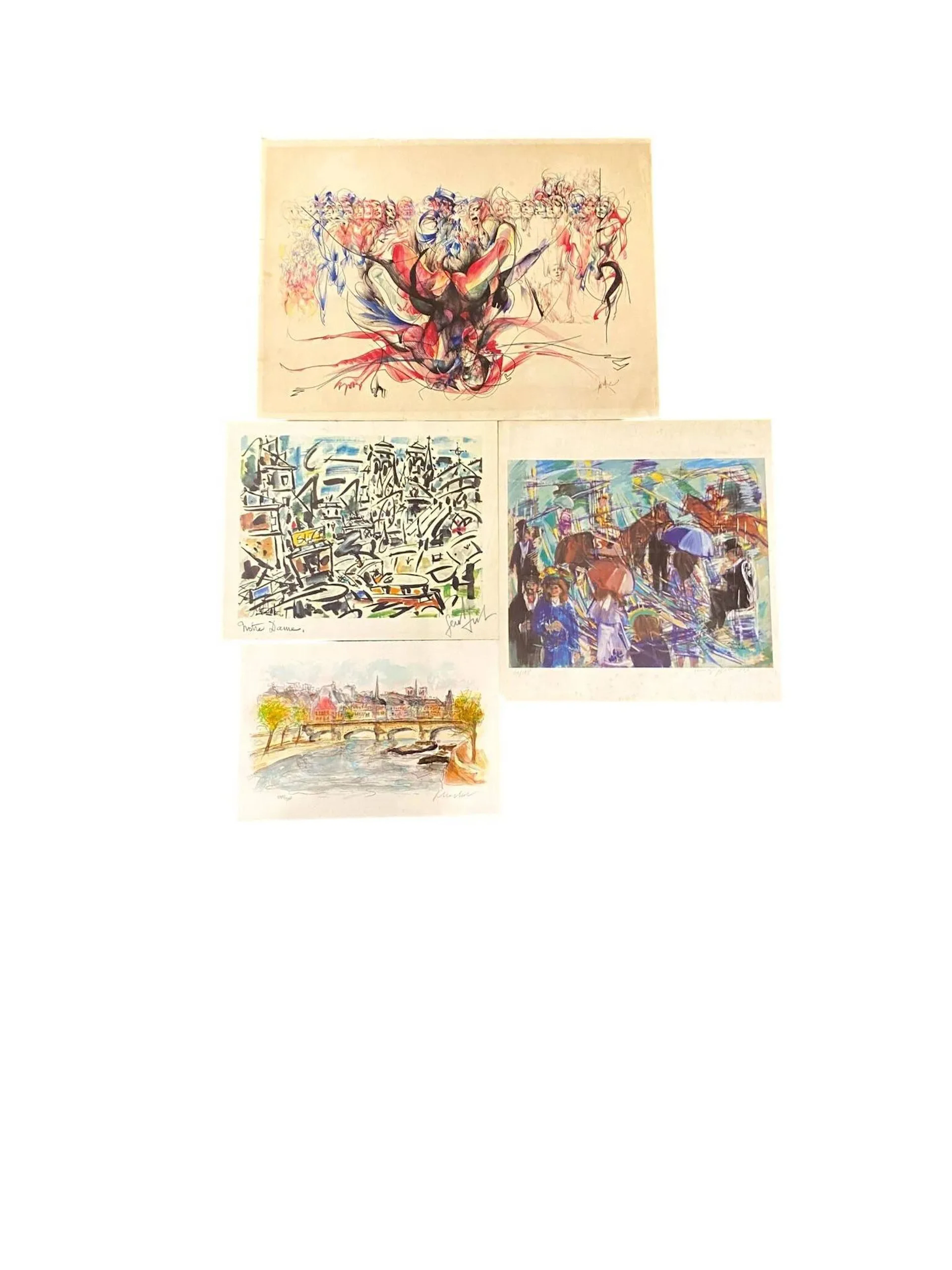 Lot comprenant : MORETTI Raymond, d'après La foule Lithographie en couleurs, signée dans la planche, extrait de l'album Oeuvres poétiques de Jacques Brel, Armand et Georges Israel, Paris 1986 insolation, rousseurs, salissures 72 x 54 cm GIUFFRIDA Nino (1924-2015) Aux courses 79 Reproduction en couleurs, 64/198, signée et datée en bas à droite rousseurs 50 x 48 cm GEN PAUL (1895-1975) Notre Dame Reproduction en couleurs, signée en abs à droite quelques rousseurs 39 x 48 cm HUCHET Urbain (1930-?) Paris, La Seine et Notre Dame Lithographie en couleurs, 299/300, signée en bas à droite 30 x 45 cm