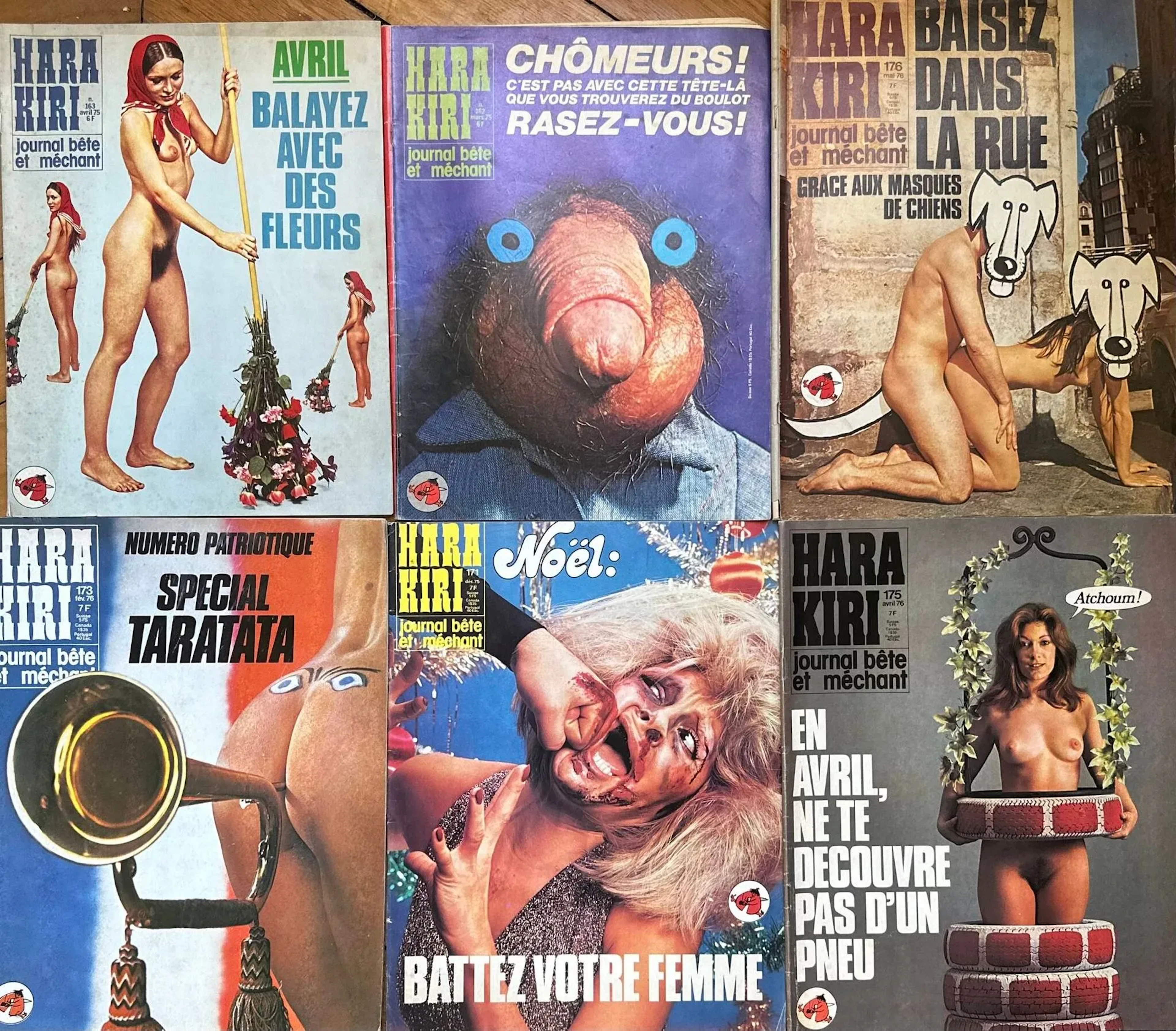 Hara Kiri Ensemle de 6 magazines : n°162 mars 1975, n°163 avril 1975, n°171 dec 1975, n°173 fev 1976, n°175 avril 1976, n°176 mai 1976.