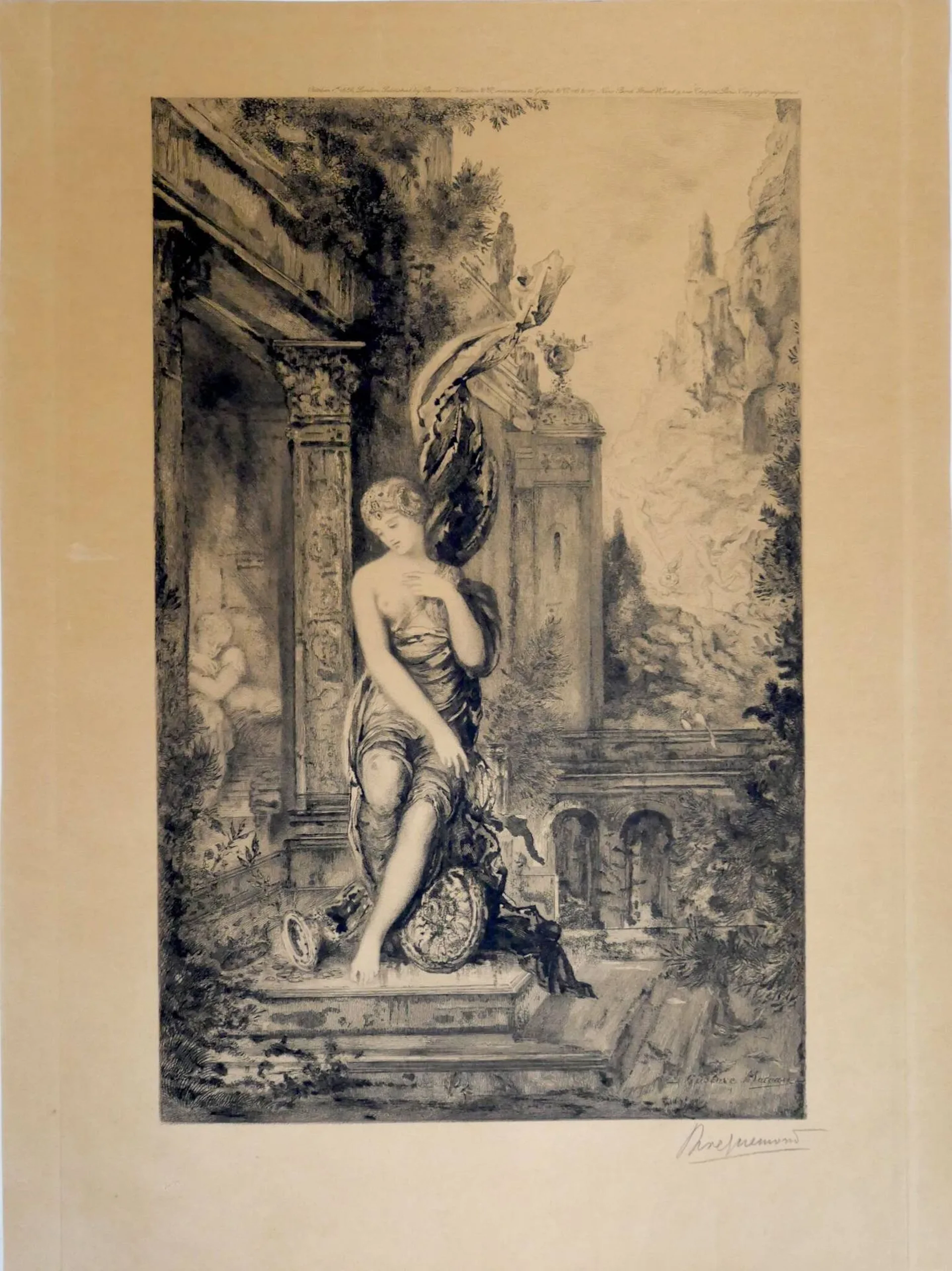 Félix Bracquemond (1833-1914) d'après Gustave Moreau (1826-1898) Signée au crayon en bas à droite, cachet sec "PT" en bas à gauche Légendée "October 1st 1886, London. Published by Boussod Valadon & Cie, successors of Goupil & Cie, 116 & 117 New Bond Street W and 9 rue Chaptal Paris. Copyright registered." Feuille : 40 x 29,8 cm (découpée en haut et en bas, probablement sur la cuvette)
