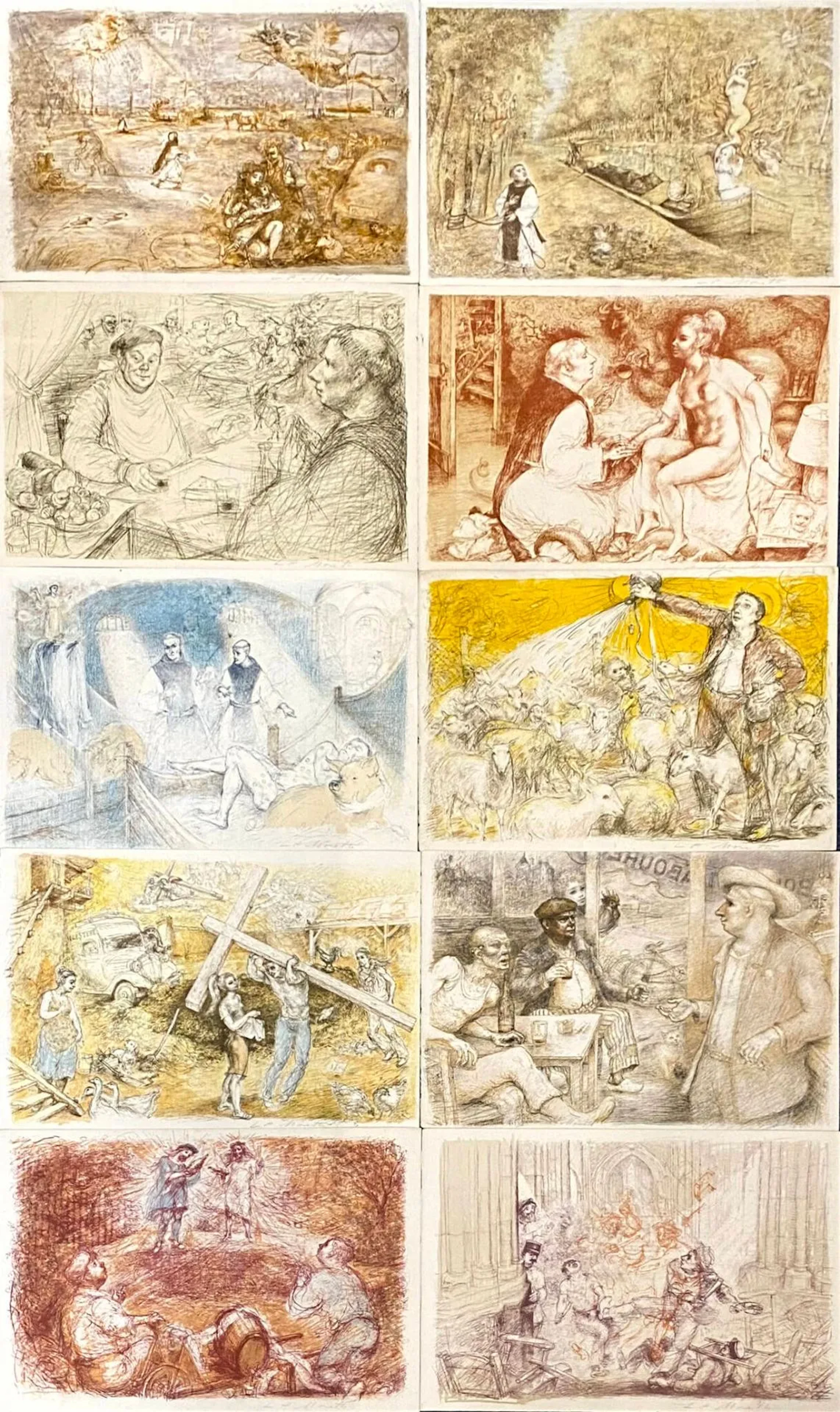 MORETTI Lucien Philippe (1922-2000) Le braconnier de Dieu, circa 1977 Suite de 10 lithographies en couleurs, chaque signée, extraites de l'ouvrage éponyme de René Fallet, paru aux éditions Grésivaudan en 1977. légère insolation, quelques rousseurs 35 x 53 cm