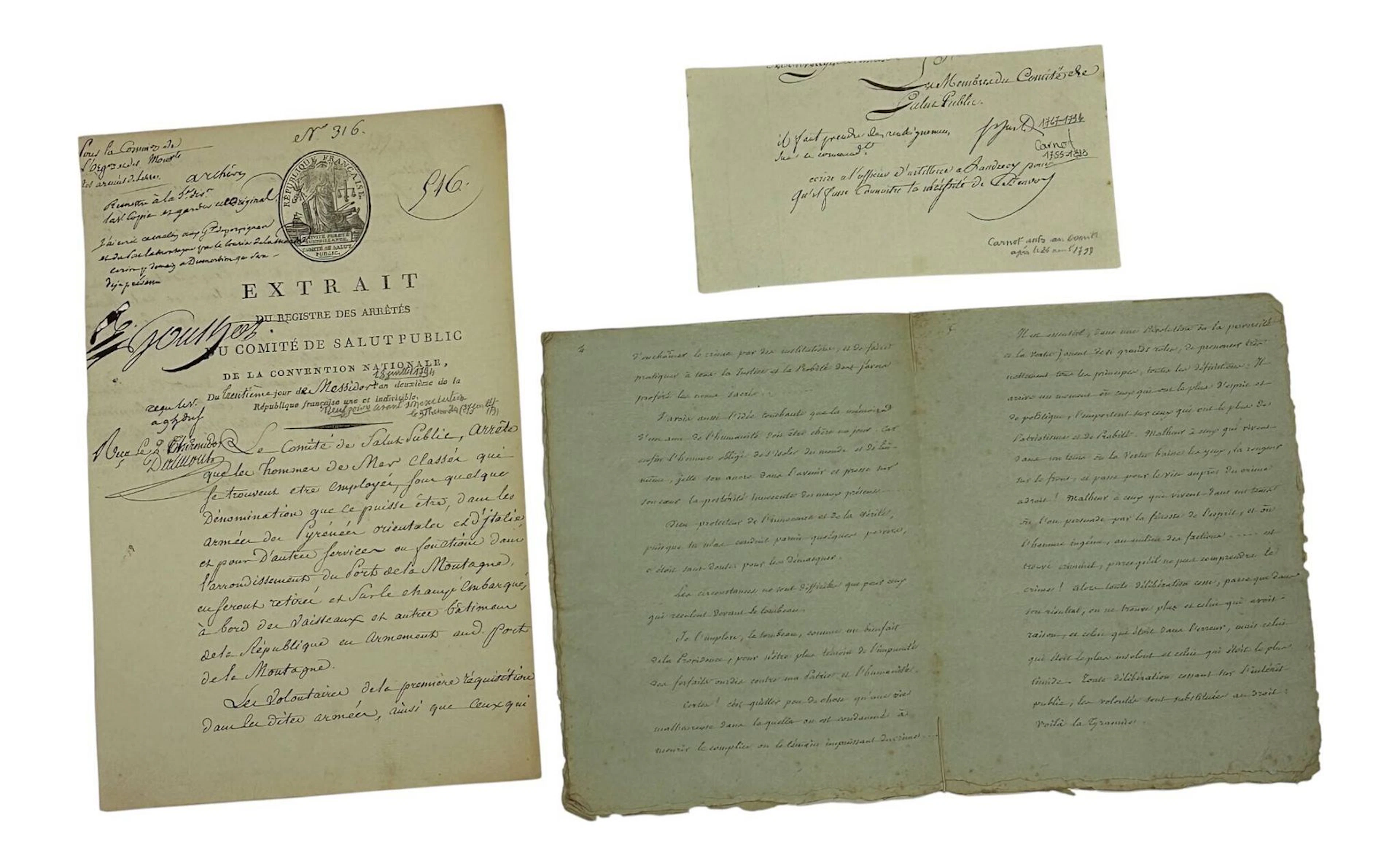 Louis-Antoine de SAINT-JUST (1767-1794). P.S., cosignée par BILLAUD-VARENNE et COLLOT D'HERBOIS, 30 messidor II (18 juillet 1794) ; 1 page et demie in-fol., vignette et en-tête du Comité de Salut public. Extrait des arrêtés du Comité de Salut public, dix jours avant son exécution. « Le Comité de Salut Public arrête que les hommes de mer classés qui se trouvent être employés, sous quelque dénomination que ce puisse être, dans les armées des Pyrénées orientales et d'Italie, et pour d'autres services ou fonctions dans l'arrondissement du Port de la Montagne [Toulon], en seront retirés et sur le champ embarqués à bord des vaisseaux et autres bâtimens de la République en armement aud. Port de la Montagne. Les volontaires de la première réquisition dans lesdites armées, ainsi que ceux qui se trouvent dans le même arrondissement que dessus, qui préfèreront le service de mer, en seront retirés et envoyés aud. Port la Montagne pour y être embarqués sur les vaisseaux de la République »… On joint un fragment portant les signatures de Carnot et de Saint-Just avec apostille autographe de Saint-Just : « il faut prendre des renseignemens sur ce commandt ». Plus un manuscrit trouvé dans le papiers de Saint-Just, Des Institutions et de l'Éducation (cahier in-4 de 6 ff.).