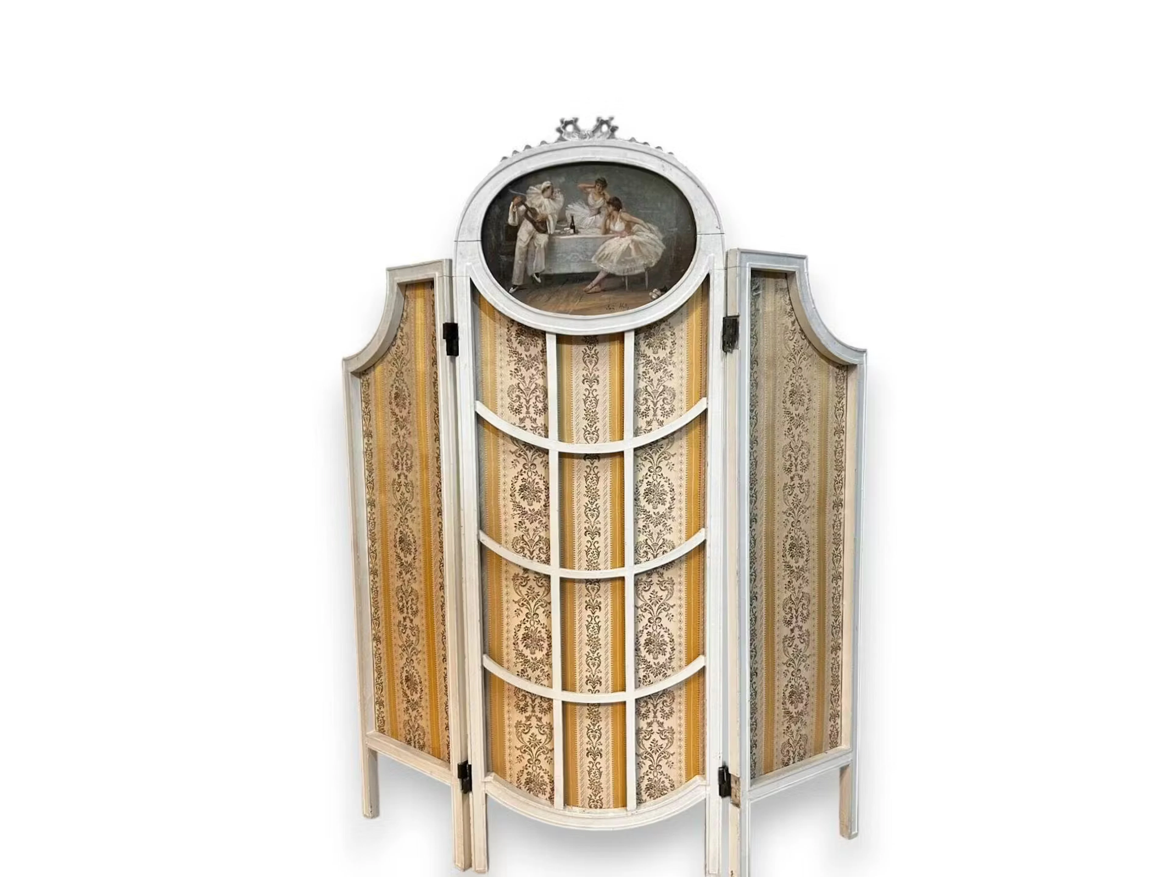 Small white-painted wooden screen with three fabric-lined le - Lot 341