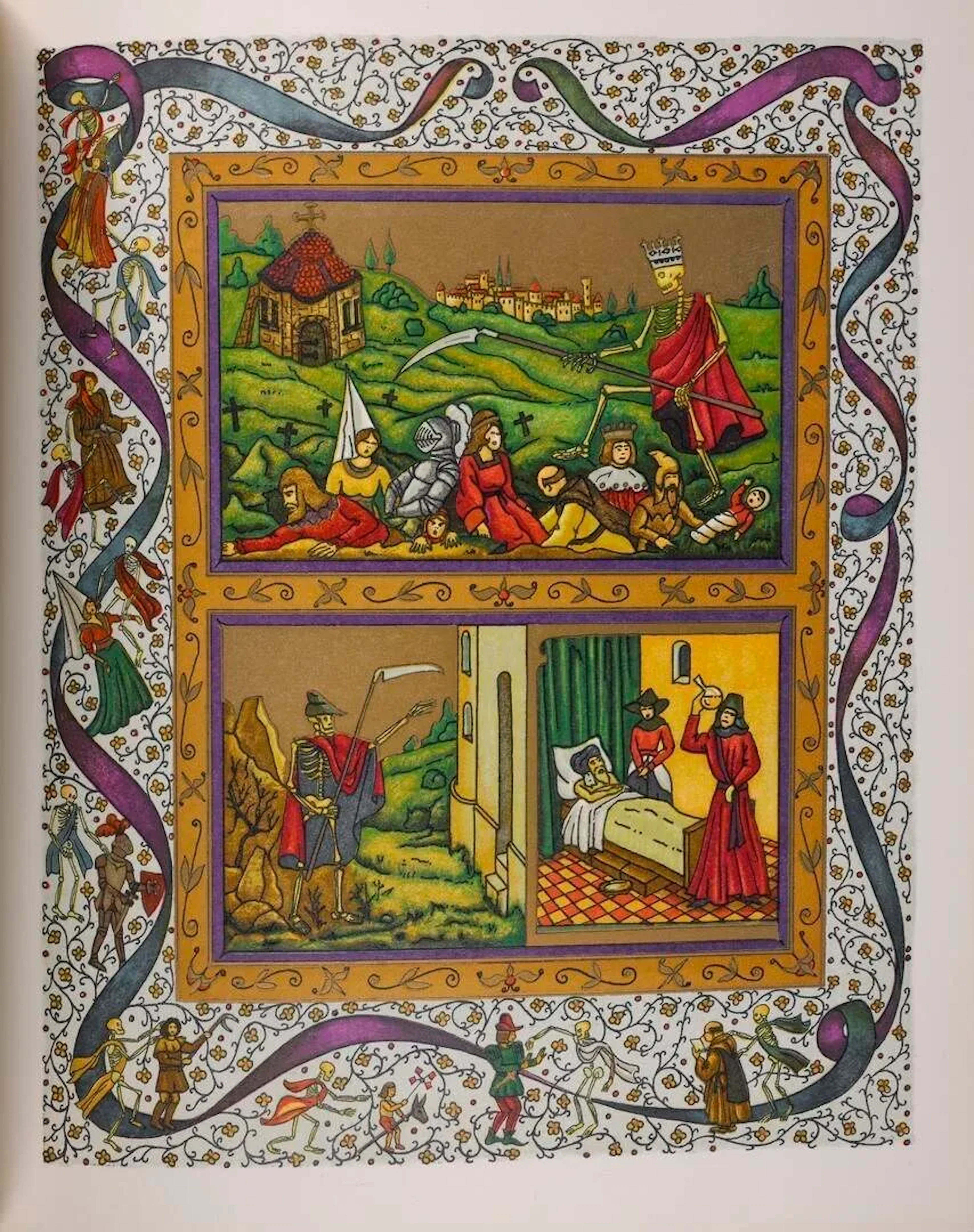 VILLON (François). Les escripts. Paris, Le club du livre, 1974. 2 volumes in-4, édition enluminée et calligraphiée par Guignard. Le second volume formant coffret et contenant différentes plaquettes et feuillets dont reproduction de la danse macabre, reproductions de cartes anciennes, de pièces d'archives, du plan de Paris 1552, de dessins et bois gravés et de l'étude Villon en son temps de Louis-Robert Plazolles. Tirage limité à 4990 exemplaires numérotés, celui-ci n°1186, un des 1000 exemplaires numérotés sur pur fil de Lana. Reliure éditeur plein cuir, plats à riche décor orné à froid, clous métalliques, dos à 4 nerfs. Sous emboîtage éditeur. (coffrets insolés)