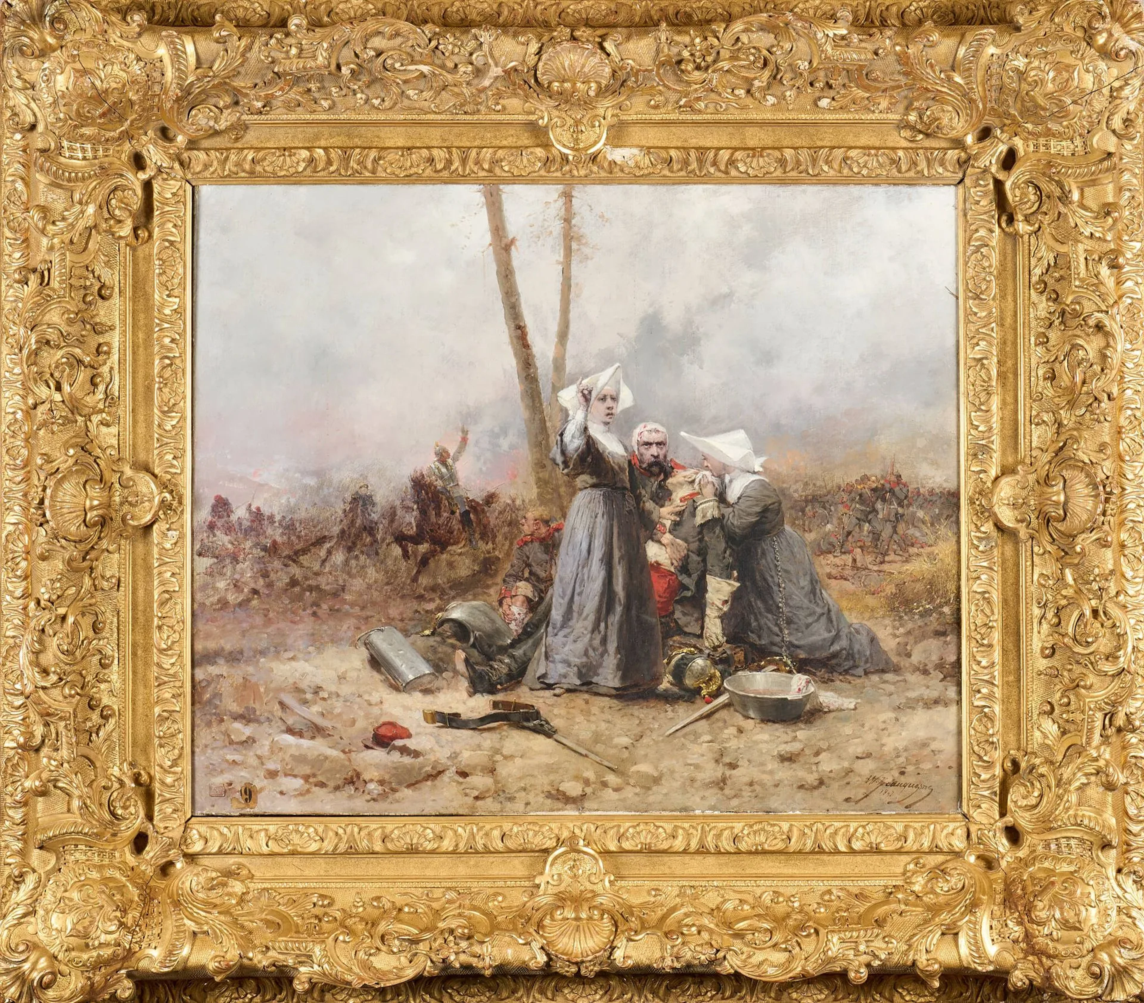 BEAUQUESNE Wilfrid Constant, 1847-1913, Infirmières de guerre soignant des blessés sur le champ de bataille, 1897, huile sur toile, signée et datée en bas à droite (restaurations), cachet à la cire de l'artiste en bas à gauche avec ses initiales, porte une étiquette d'exposition lacunaire en bas à gauche, au dos du châssis un n°3711 à la craie bleue, étiquette d'emballeur au dos du cadre 60x73 cm. Durant la guerre franco-prussienne, les services d'infirmerie militaire sont débordés. Suite à la création de la Croix Rouge et de la Société de Secours aux blessés militaires (SSBM) en 1864, il devient possible de faire appel à des civils pour soigner sur les blessés de guerre. C'est pendant la guerre de 1870 que les femmes, religieuses et civiles, sont autorisées pour la première fois à soigner les soldats sur les champs de bataille. Wilfrid Constant Beauquesne est un peintre militaire qui s'est spécialisé dans la représentation de la guerre de 1870 en peinture. La composition se concentre sur le drame des blessés sur le champ de bataille et le calme des infirmières religieuses qui leurs viennent en aide.
