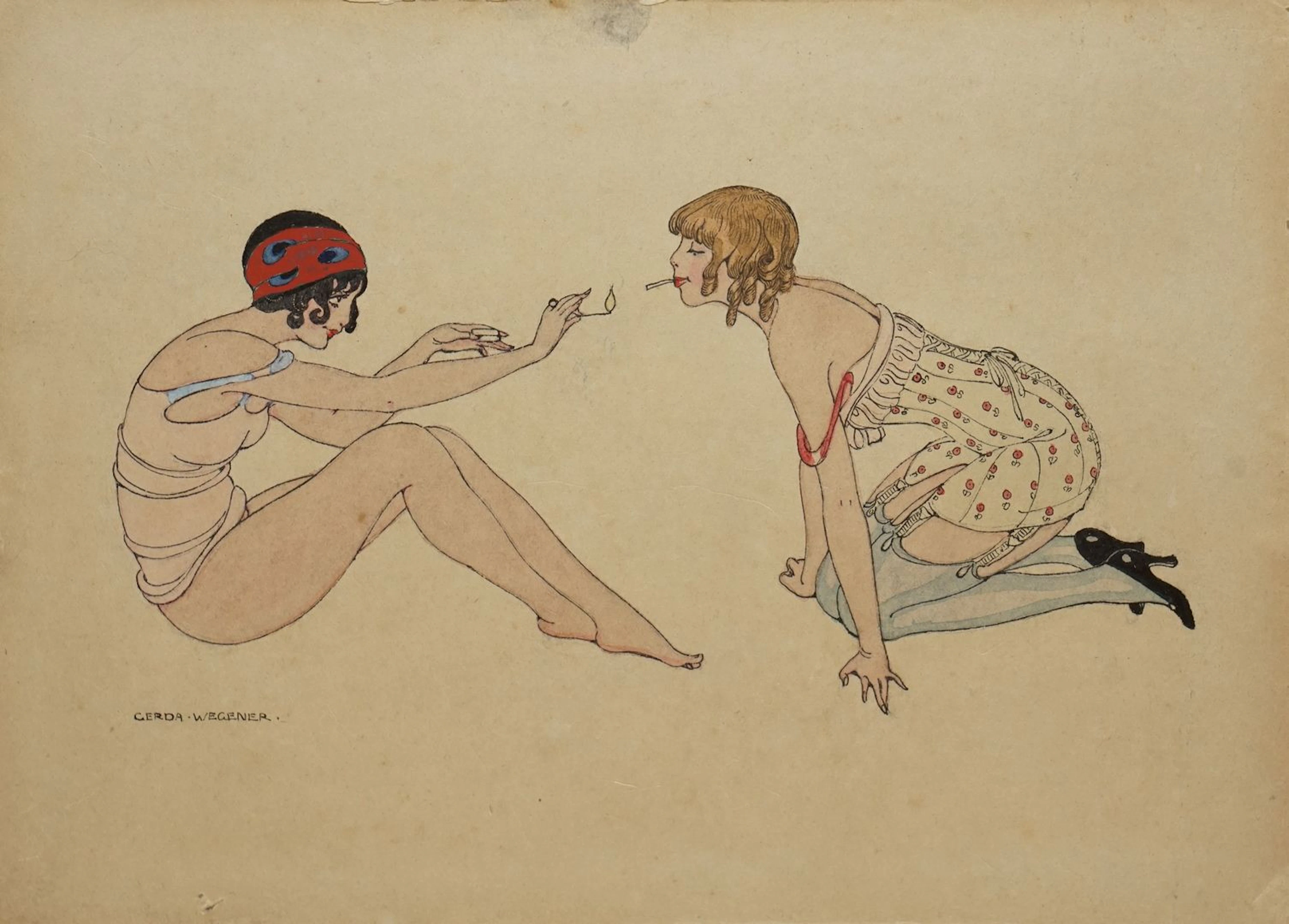 WEGENER Gerda, 1885-1940 Cigarette plume, encre noire et gouache sur papier marouflé sur carton (usures, petits accidents) signée en bas à gauche 18 x 25,5 cm
