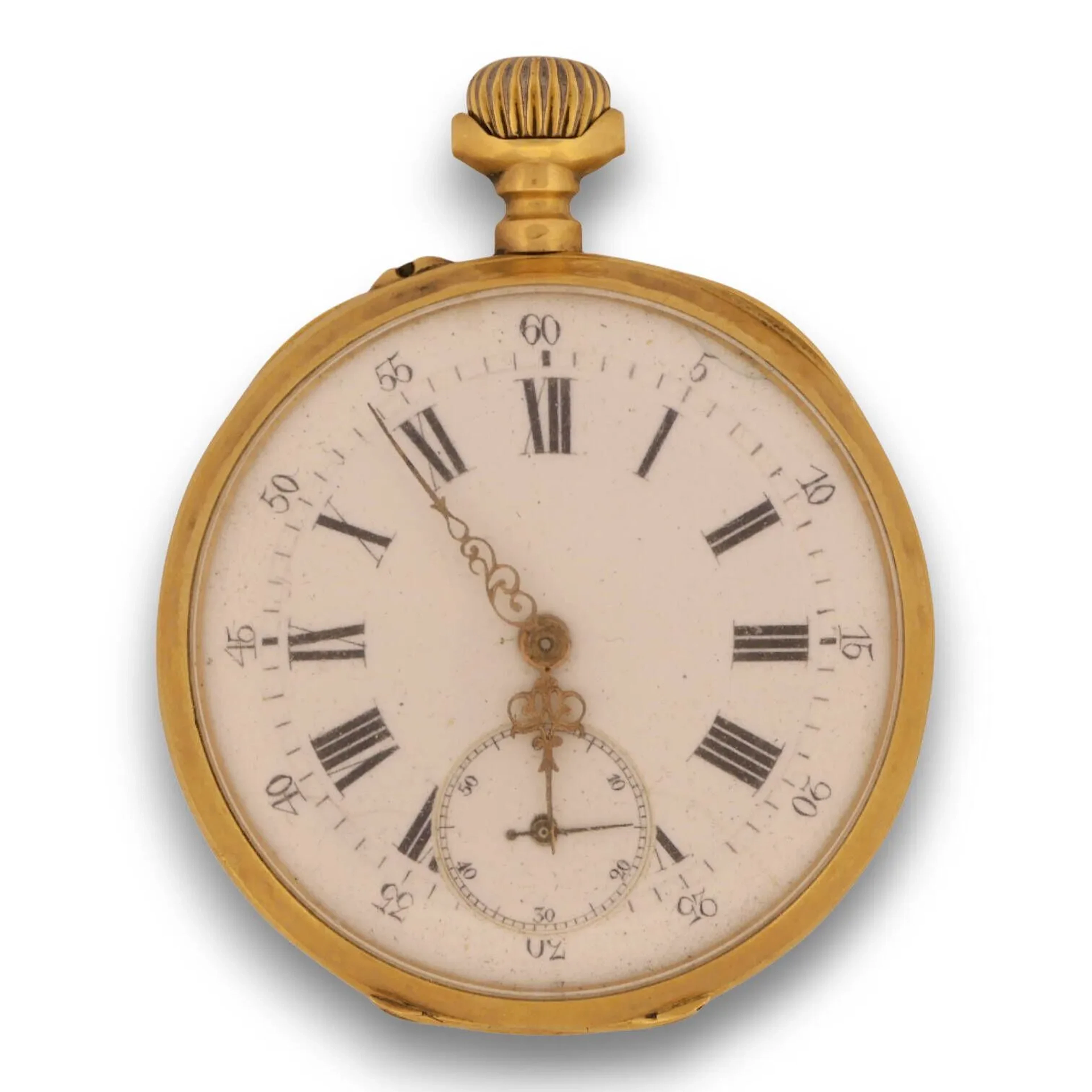 Montre de gousset en or jaune (750) à cadran émaillé blanc, chiffres romains pour les heures, arabes pour les minutes, trotteuse à 6 heures et aiguilles type persil dorées. Couvercle chiffré "AG" et cache-poussière portant l'inscription "Renout à Conches". Mouvement mécanique à remontage manuel Titre: Tête de cheval Poids brut: 60,2 gr Chocs, manque la bélière