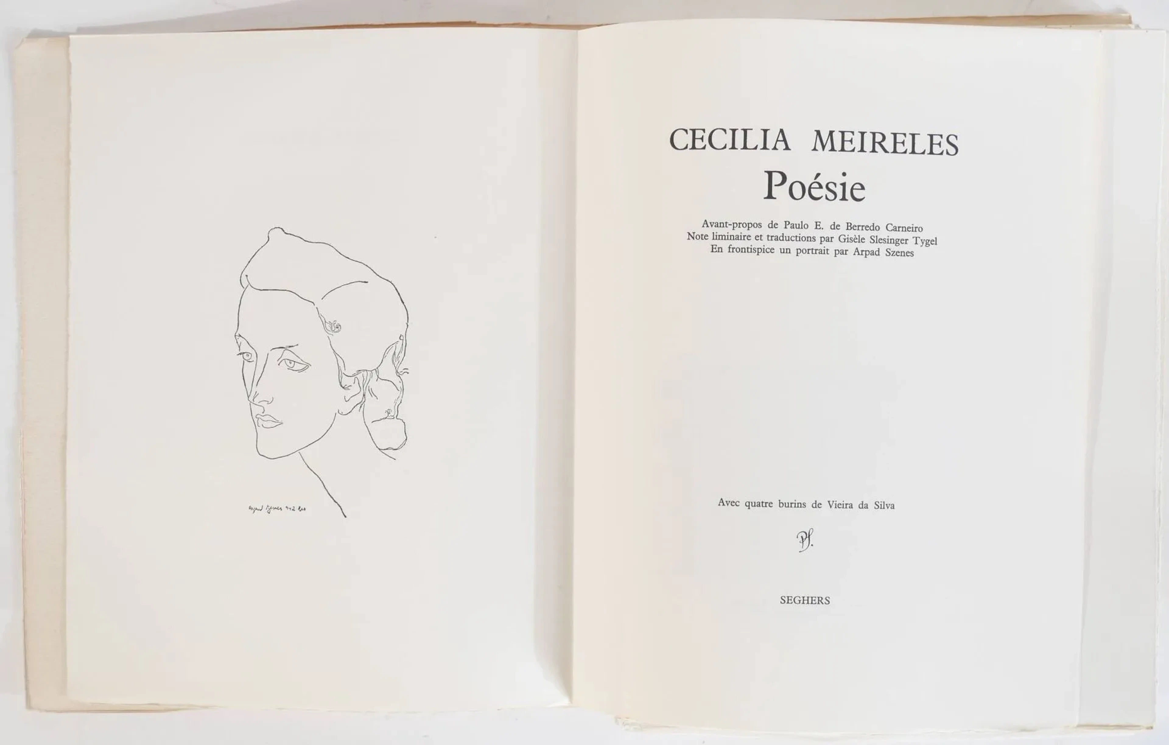 [VIEIRA DA SILVA]. MEIRELES (Cécilia). Poésie. Paris, Seghers, 1967. In-4 en feuilles sous couverture rempliée et emboîtage éditeur, édition illustrée illustrée d’un portrait de l’auteur en frontispice par Arpad Szenes et de 4 gravures au burin hors-texte par Maria Helena Vieira Da Silva, justifiée et signée par l'artiste. Avant-propos de Paulo E. de Berredo Carneiro. Note liminaire et traductions par Gisèle Selsinger Tygel. Tirage limité à 685 exemplaires numérotés, celui-ci n°II, un des 85 comprenant les gravures de Vieira Da Silva.