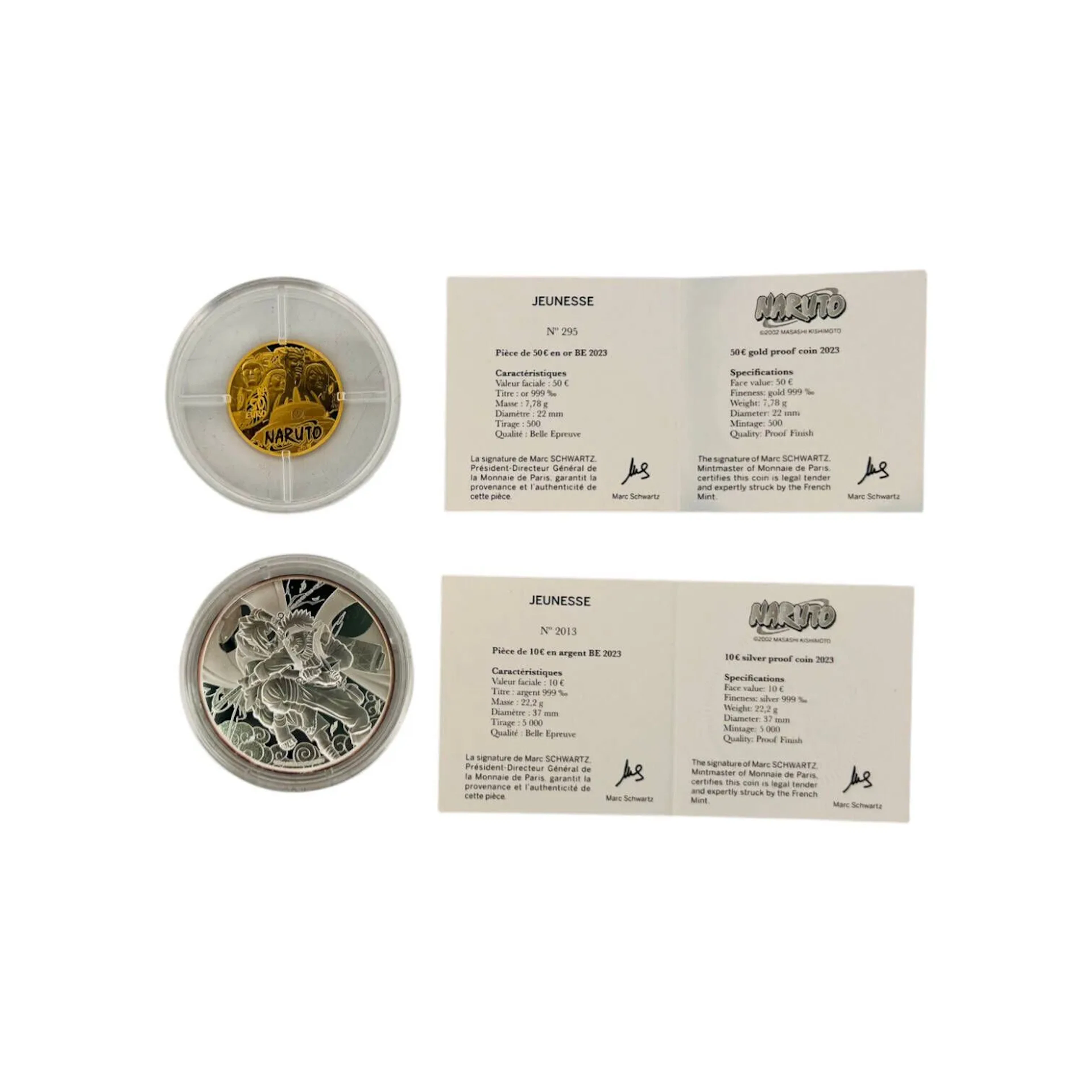 MONNAIE DE PARIS - Edition Naruto Suite de deux pièces: - Pièce de 50 € en or (999) BE 2023, n°295/500, Poids: 7,78 gr (avec certificat) - Pièce de 10 € en argent (999) BE 2023, n°2013/5000, Poids: 22,2 gr (avec certificat) Conservées dans leur écrin