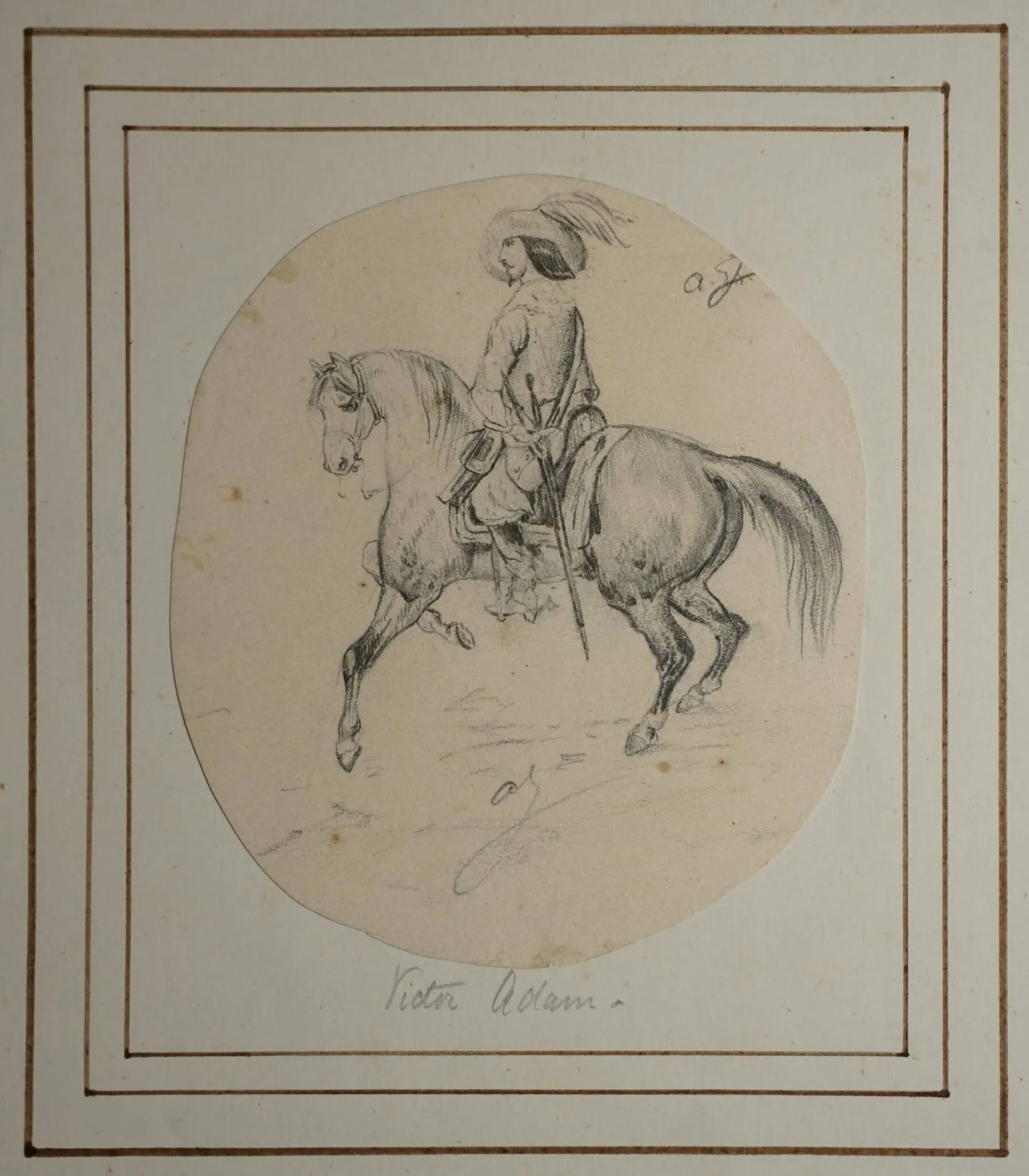 ADAM Victor, attribué à, Cavalier, dessin à la mine de plomb de format ovale doublé, trace d'un monogramme en bas au milieu et en haut à droite, au verso porte le cachet de la collection Paul et Florence Vercier (L.3607), n°261, 10x8,5 cm. PROVENANCE : Alister Mathews, 30/11/1968 (catalogue n°74 pièce n°134). EXPOSITION : Le Romantisme, thèmes et variations, peintures, dessins, livres, musée des Beaux-Arts André Malraux, Le Havre, 6-29 février 1988, n°CH-1 (d’après les archives Vercier).
