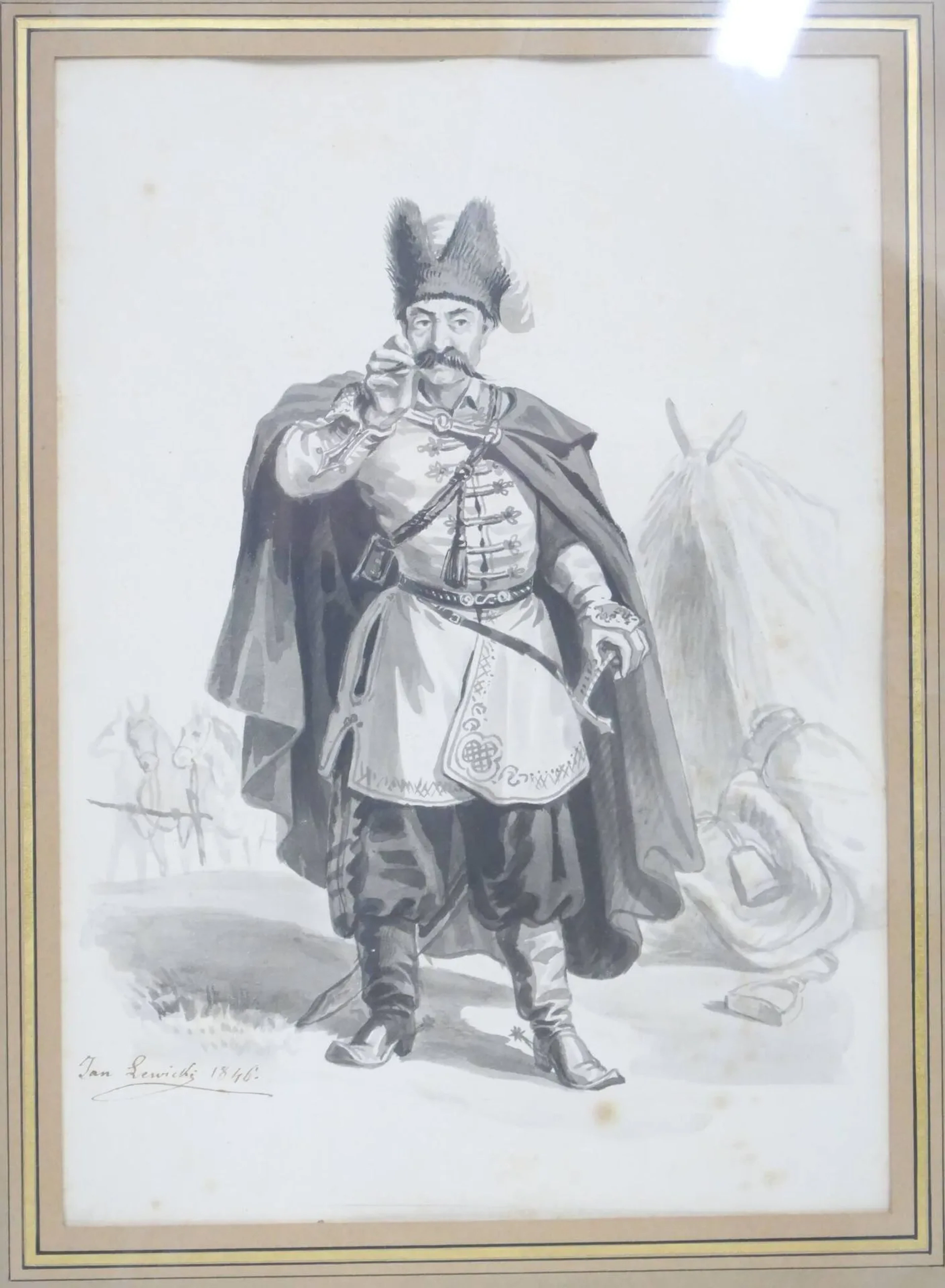 Jan Nepomucen Lewicki (Varsovie 1795-1871 Paris) Gentilhomme polonais en costume traditionnel Plume et lavis d’encre 240 × 172 mm. (à vue) Signé et daté en bas à gauche : 1846 Intéressant dessin de ce rare artiste polonais exilé à Paris, qui prit part à l’illustration de l’ouvrage de Leon Zienkowicz (1808-1870), Les costumes du peuple polonais (Paris, librairie polonaise, 1841).
