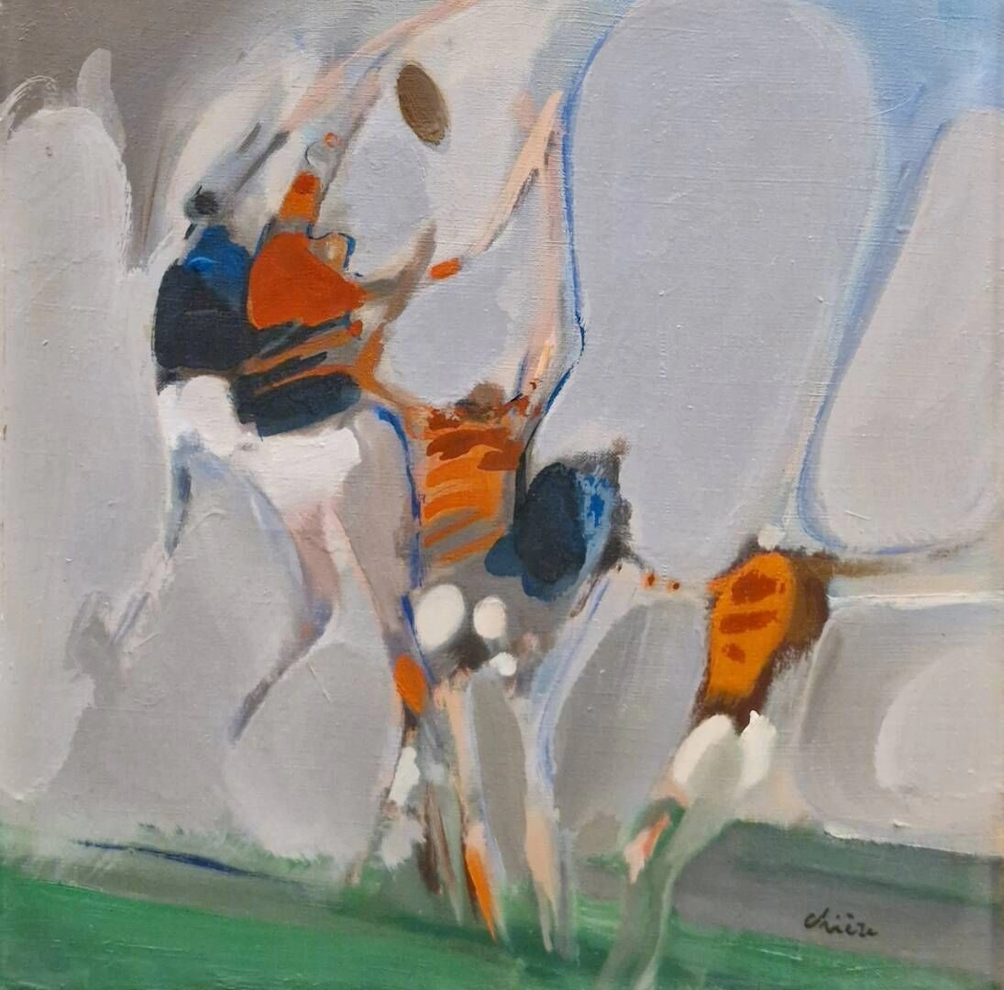 CHIEZE Pierre (1929-2011) Rugby Huile sur toile, signée en bas à droite, au dos de la toile un cachet de la galerie Roger le Gall, Paris XI 40 x 40 cm
