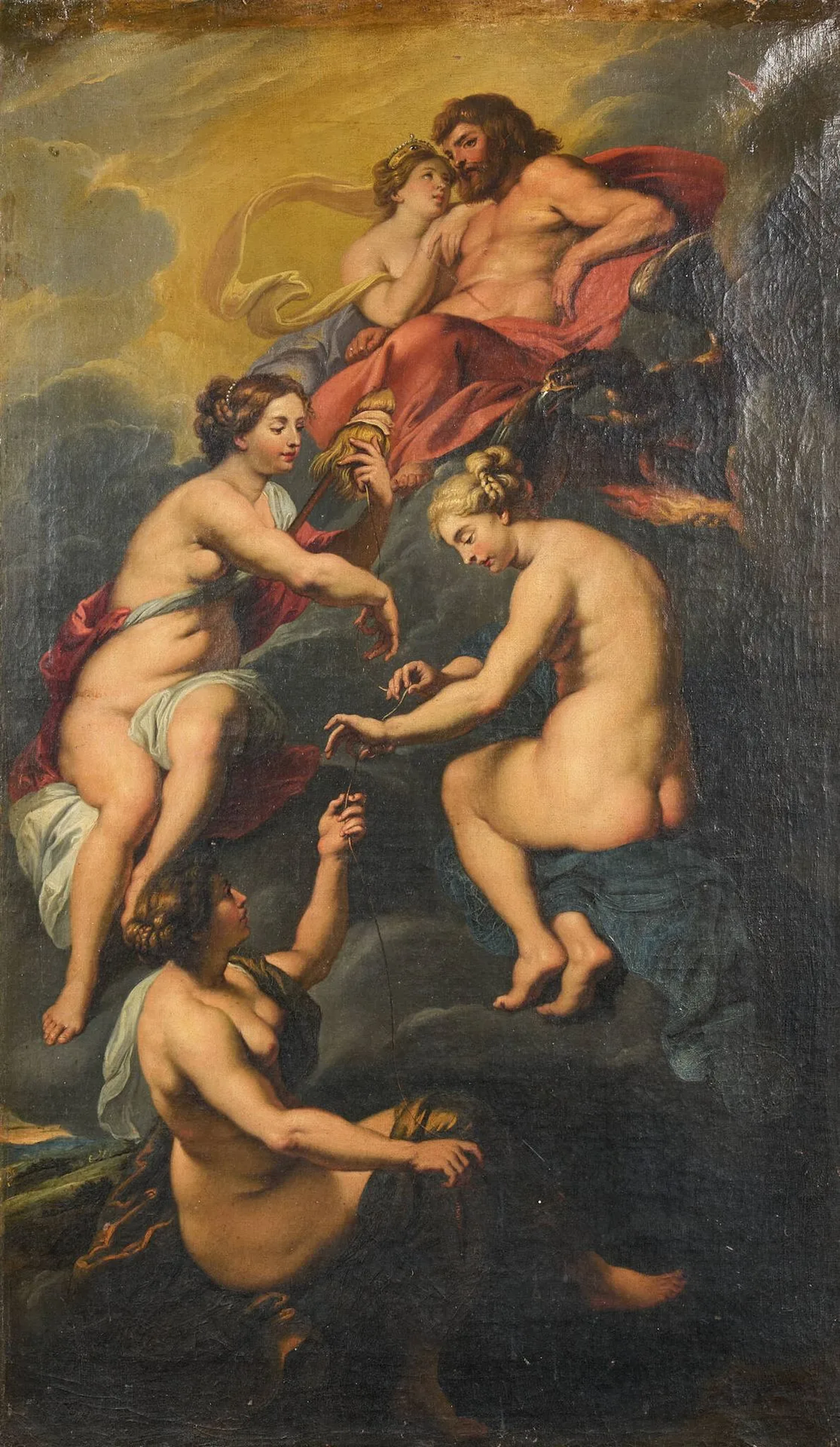 École flamande, XVIIIe siècle, d’après Pierre Paul Rubens (1577-1640) Les Parques filant le destin de la reine Marie de Médicis sous la protection de Jupiter et de Junon, d’après Pierre Paul Rubens Huile sur toile 82,5 × 50 cm. rentoilé Le tableau original est conservé au musée du Louvre (INV 1769).