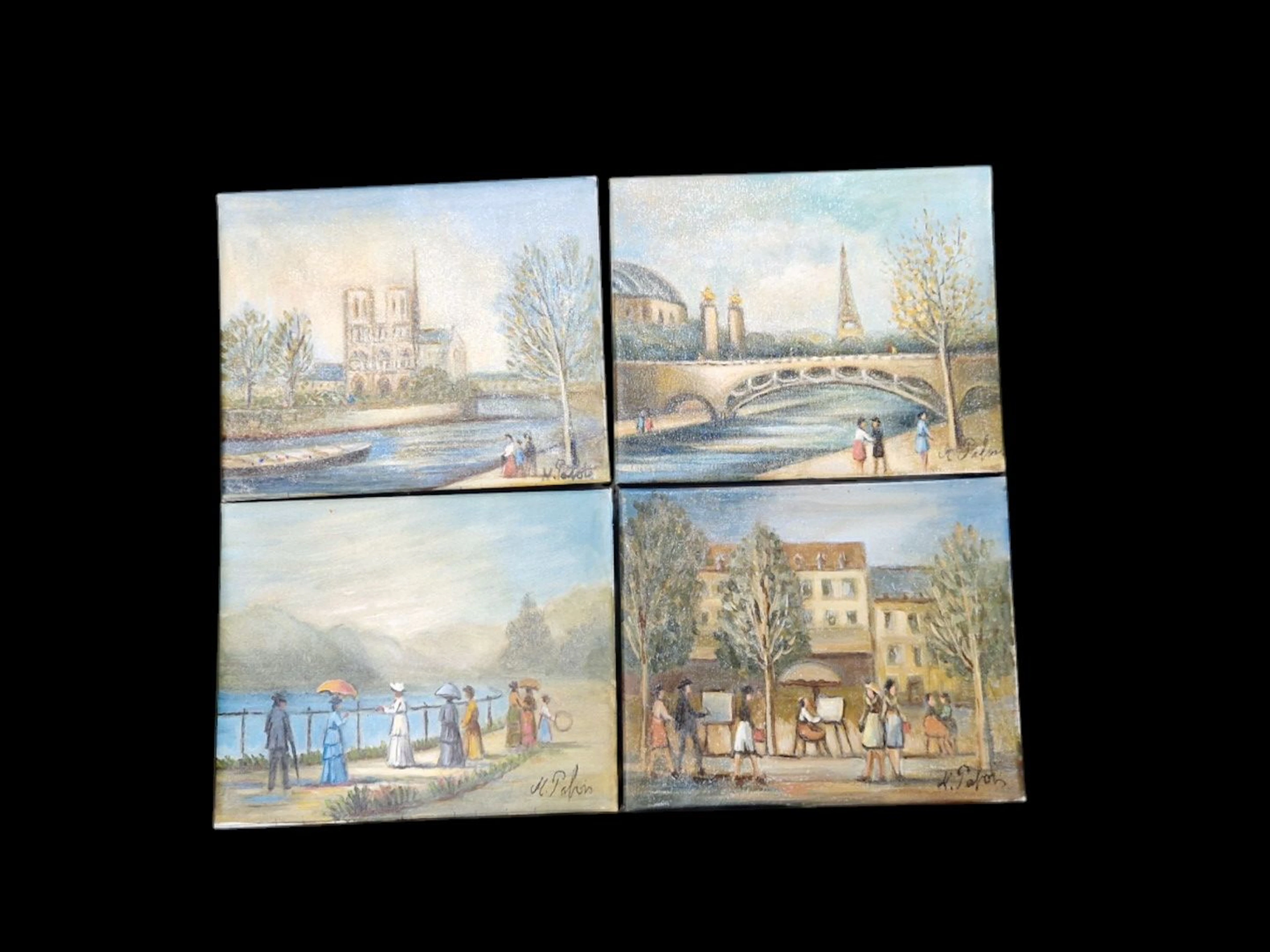 PABOIS Michel (né en 1939) Pont Alexandre III - Vue sur Notre-Dame - Place du Tertre - Le Lac 4 huiles sur toile, chaque signées et situées au dos de la toile 22 x 27 cm chaque