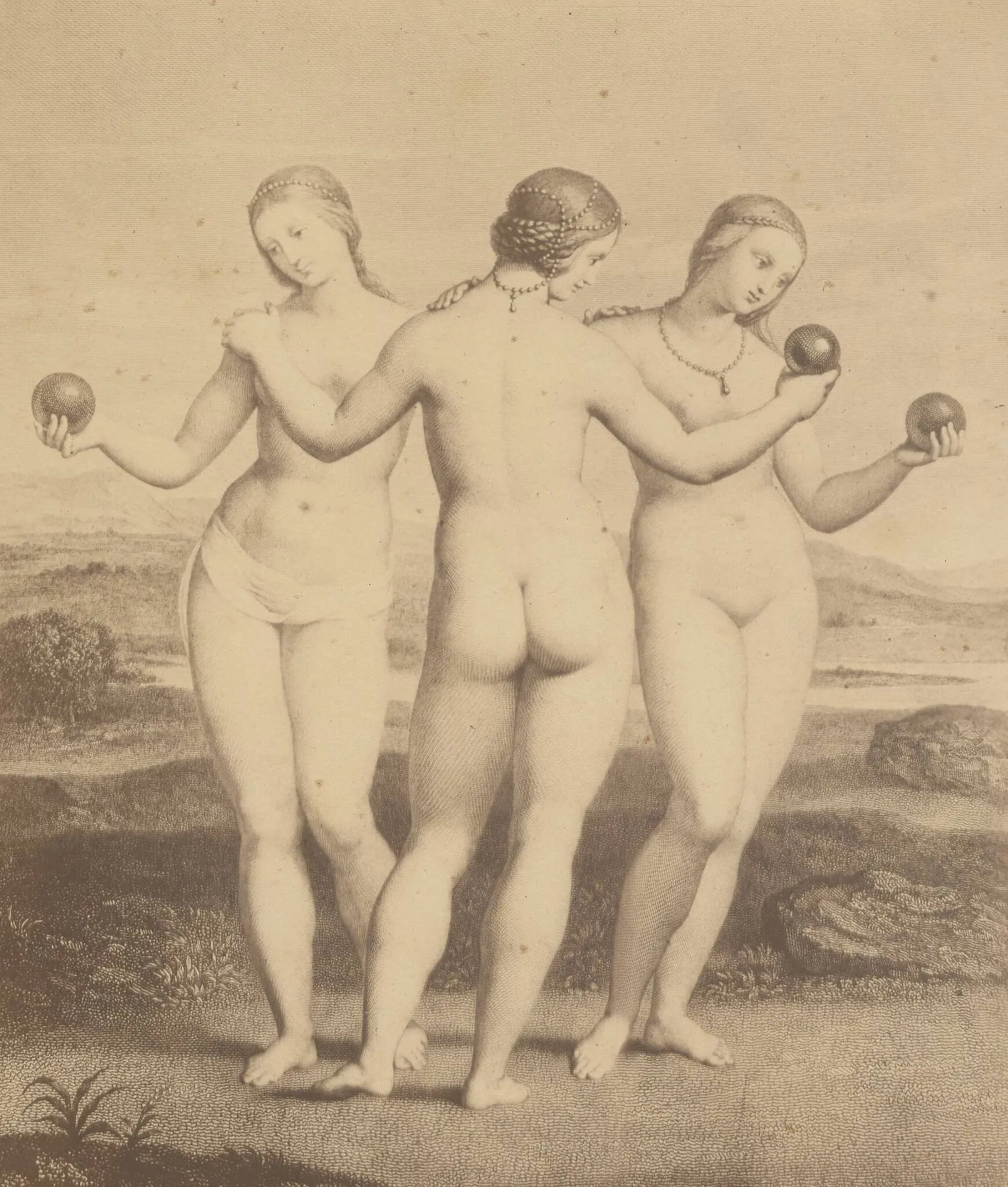 Auguste Hippolyte COLLARD (1812-1893) “Les trois grâces” de Raphaël, c. 1880 Tirage albuminé monté sur carton, crédit et cachet du photographe sur la carton de montage Photographie : 19.7 x 17 cm (44 x 33 cm)
