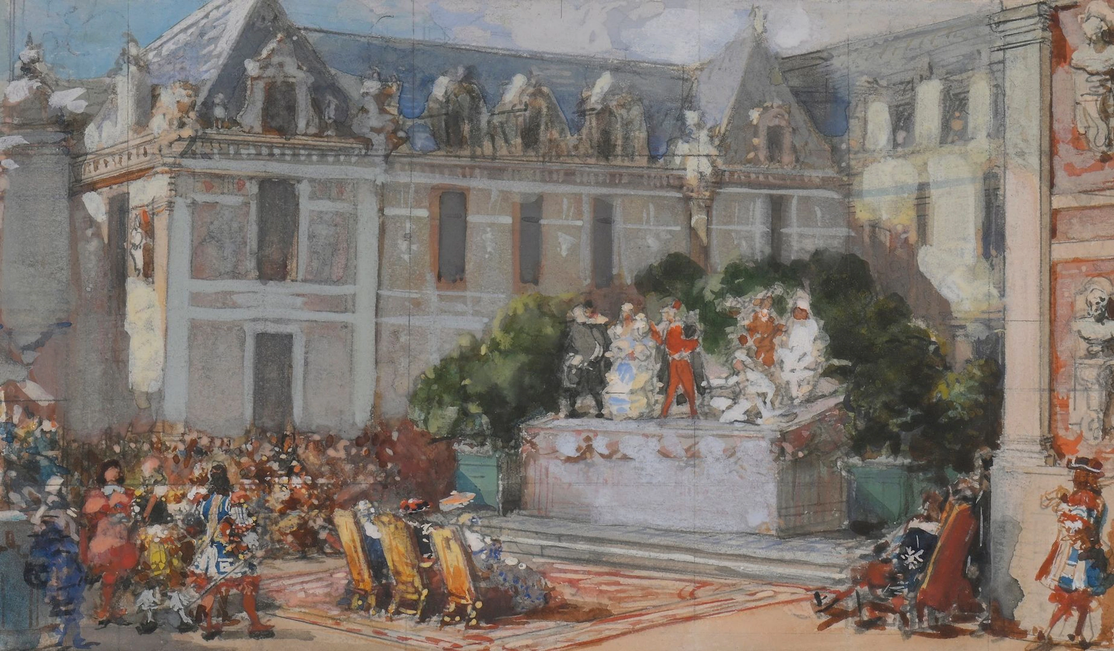 LAMI Eugène Louis, 1800-1890 Une représentation devant la cour, au château de Versailles gouache (traces de mise au carreau) non signée, au dos du montage une étiquette manuscrite mentionnant le titre et une vente Félix Doistau à la galerie Georges Petit, 18 juin 1928, n°17 du catalogue 14,5 x 24,5 cm à vue PROVENANCE : Collection Félix Doistau - Collection particulière. BIBLIOGRAPHIE : Catalogue de la vente des 18 et 19 juin 1928, OEuvres importantes d’Eugène Lami provenant de la collection de M. Félix Doistau, Galerie Georges Petit, décrit sous le n°17 avec le descriptif suivant: « Dans une cour du château, sur une scène dressée et entourée d’arbustes, les acteurs. Au-devant, sur un tapis d’Aubusson, trois fauteuils sur lesquels ont pris place le roi entouré de la reine et d’une autre dame. Derrière et sur les côtés, la foule des courtisans et des invités. Aquarelle. Haut., 14 cent 1/2; larg., 25 cent. »