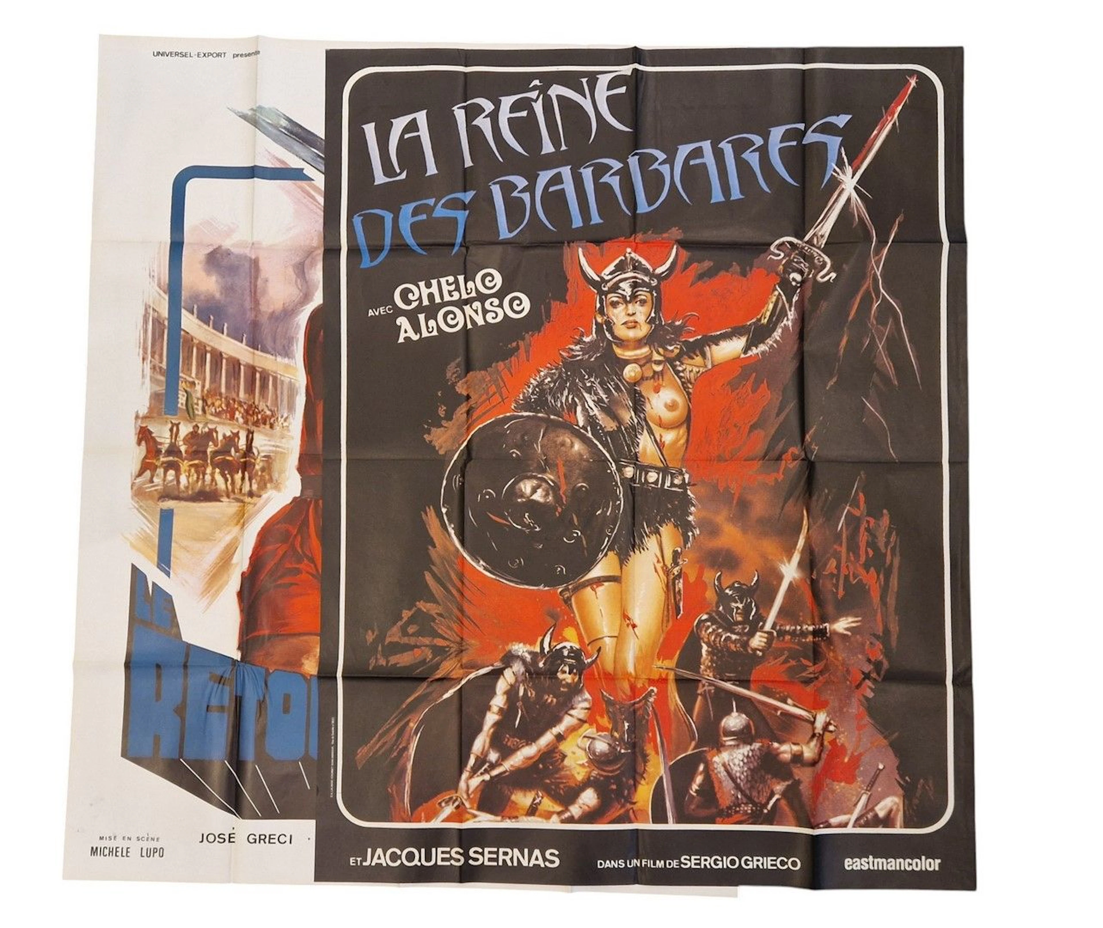 [AFFICHE- CINEMA] Lot de deux affiches : Le retour des Titans, Universel Export, mise en scène Michele Lupo avec Mark Forest, Giuliano Gemma, José Greci, Livio Lorenzon, Mimmo Palmara, SAIPP Traces de plis, quelques salissures 160 x 120 cm La reine des Barbares avec Chelo Alonso et jacques Sernas, film de Sergio Greco, eastmancolor traces de plis 160 x 120 cm
