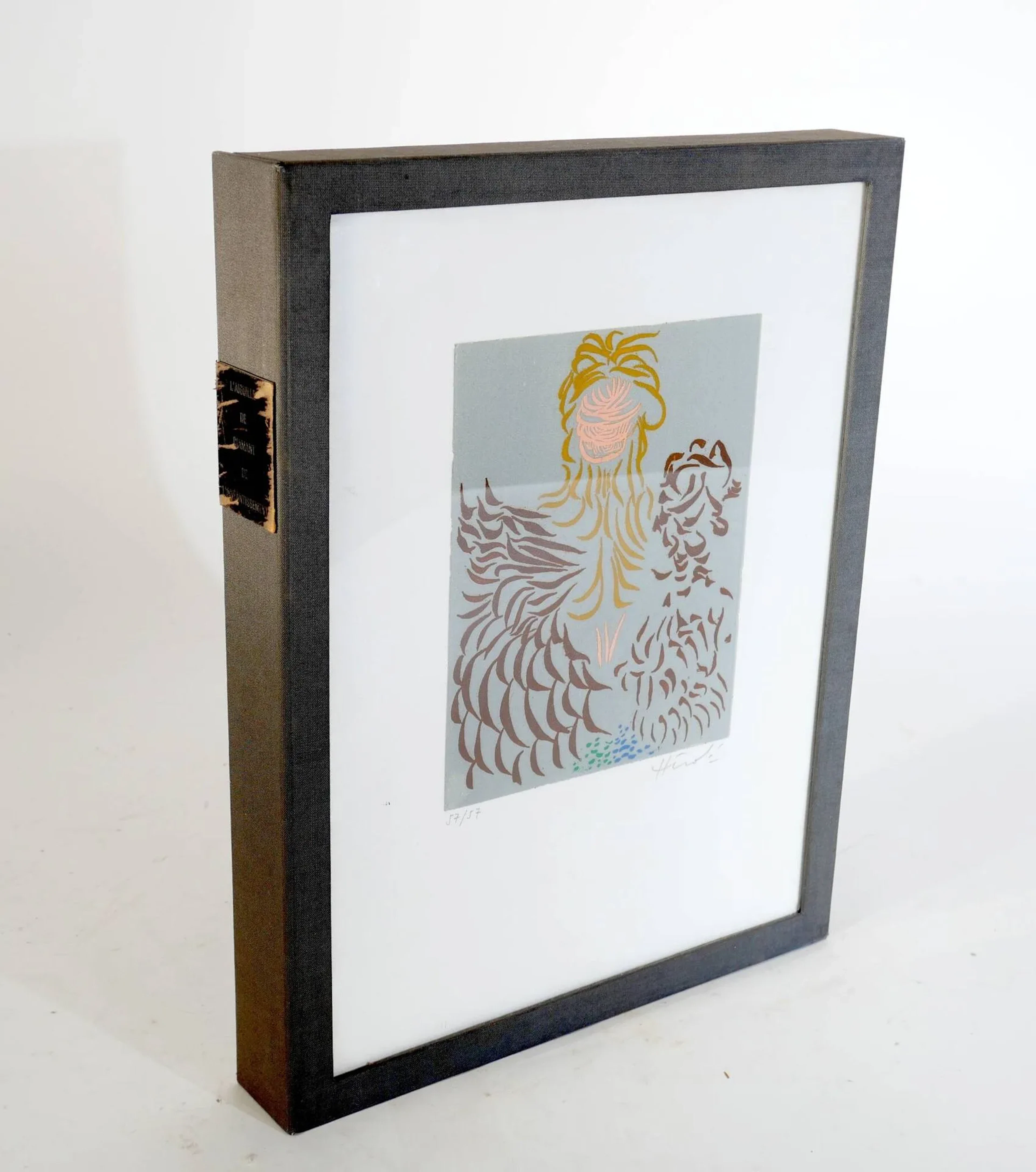 [HÉROLD (Jacques)]. BULTEAU (Michel). L'aiguille de diamant de l'anéantissement. Paris, Le Soleil noir, 1980. In-12 broché sous emboîtage in-folio, le premier plat transparent laissant apparaître une eau-forte, pièce de titre au dos, édition illustrée par Jacques Hérold. Tirage limité à 1707 exemplaires numérotés, celui-ci n°57, un des 57 de tête contenu dans un ""livre-tableau"" construit par l'atelier Duval comprenant 3 eaux-fortes originales en couleurs sur vélin de Rives signées et justifiées par l'artiste, suite des ilustrations reproduite en noir dans le corps du volume. (griffures à la pièce de titre)