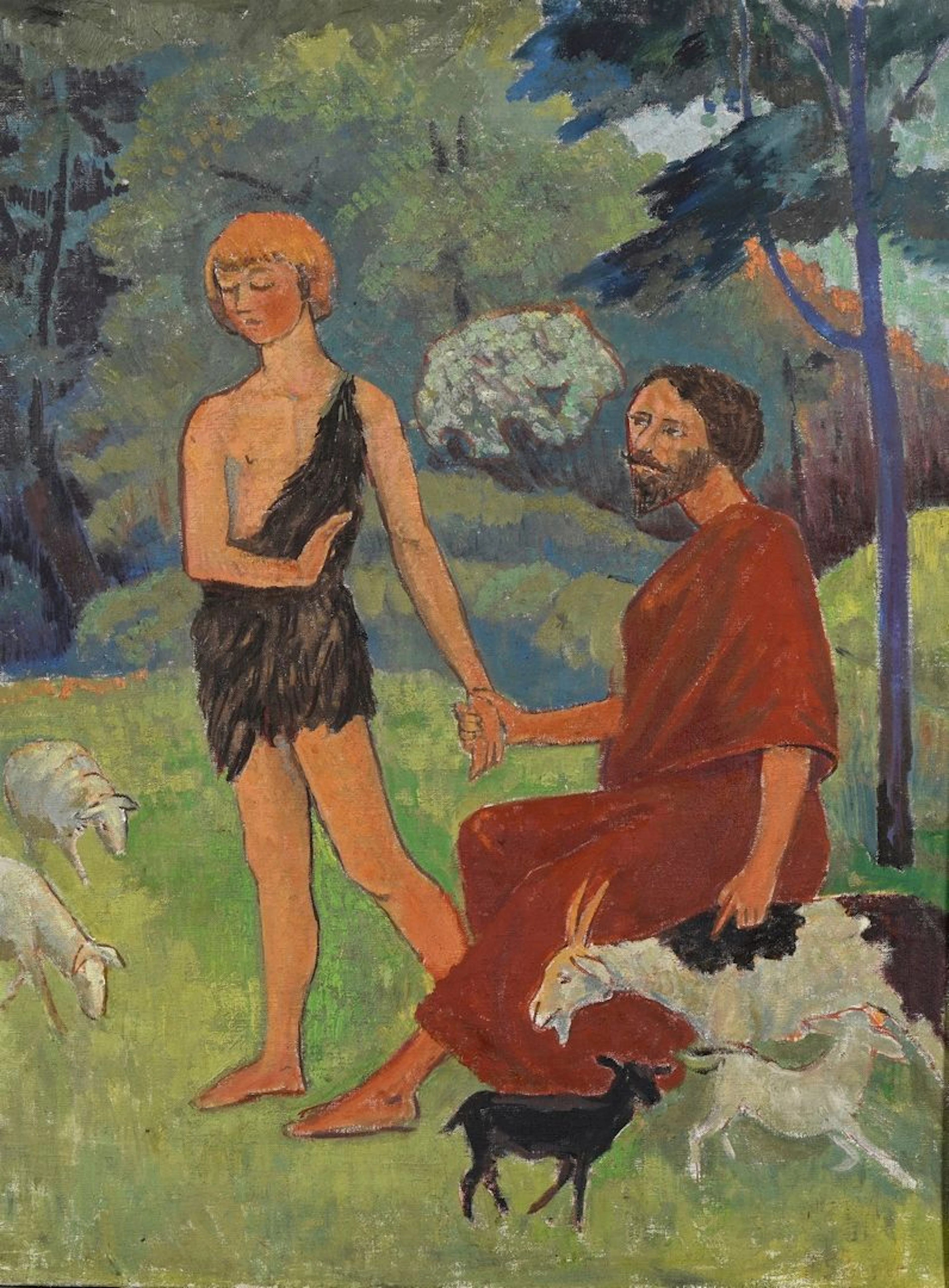 SÉRUSIER Paul, 1864-1927 Les bergers huile sur toile timbre de l’atelier en bas à droite : P Sérusier (comme indiqué au catalogue de la vente de la succession Sérusier / Boutaric), au dos du châssis une étiquette d’écolier avec le titre, au dos de la toile le cachet de la vente Sérusier / Boutaric. 71 x 54 cm PROVENANCE : Vente Ader Picard Tajan, Tableaux modernes, provenant de la sucessions de P. Sérusier et de la succession de mademoielle Boutaric, Paris, 19 et 20 juin, n°211 - Collection particulière.