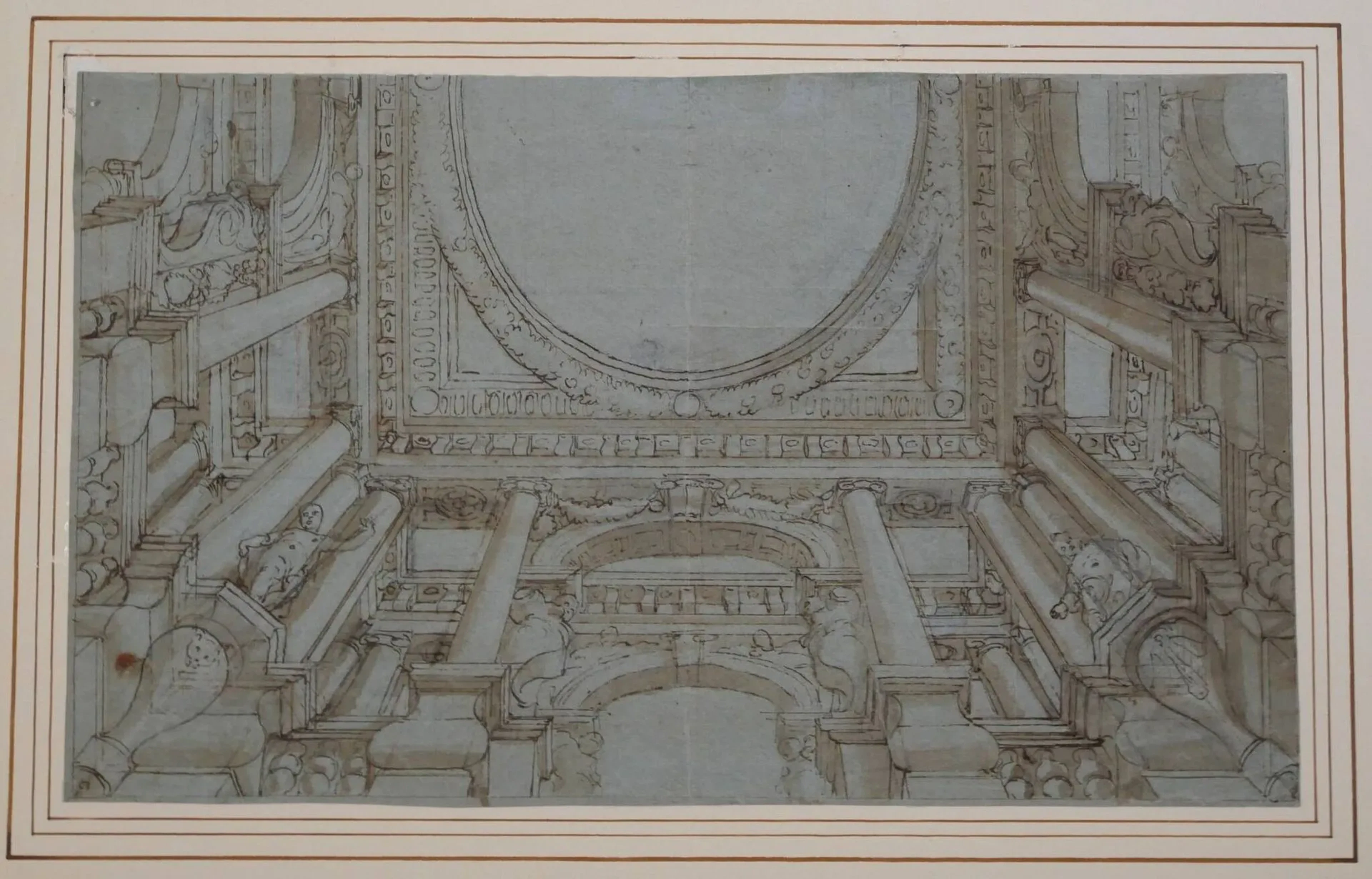 École vénitienne, vers 1600 Étude de plafond, verso, étude de colonne Plume et lavis d’encre brun sur papier bleu 242 x 403 mm Provenance: Collection Paul et Florence Vercier (L. 3607), n°2117