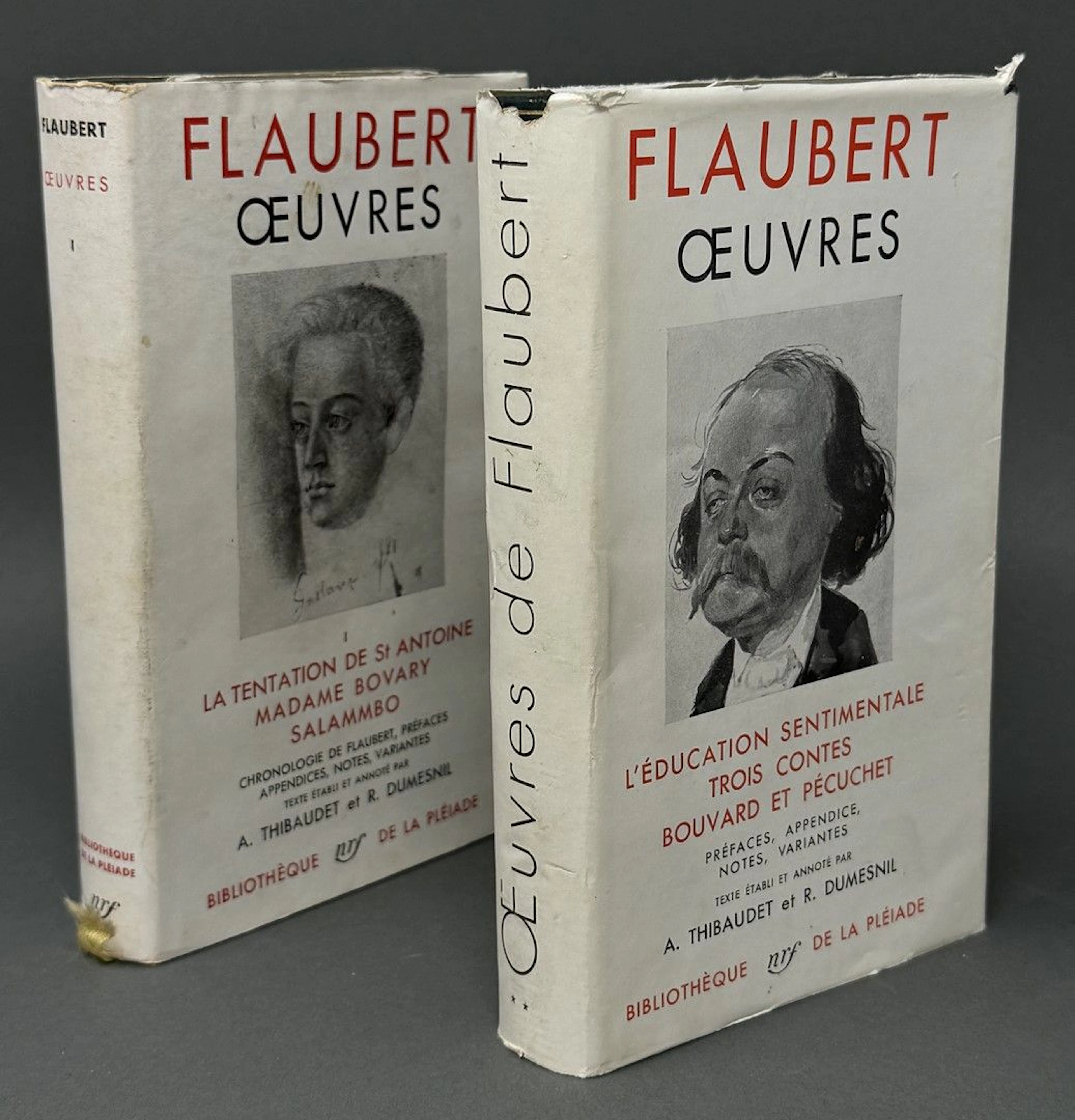 BIBLIOTHEQUE DE LA PLEIADE FLAUBERT, 2 vol., Oeuvres, tomes I et II (ancienne édition), reliure d'éditeur, éd° Gallimard 1951, 1952. Jaquettes. Rousseurs.