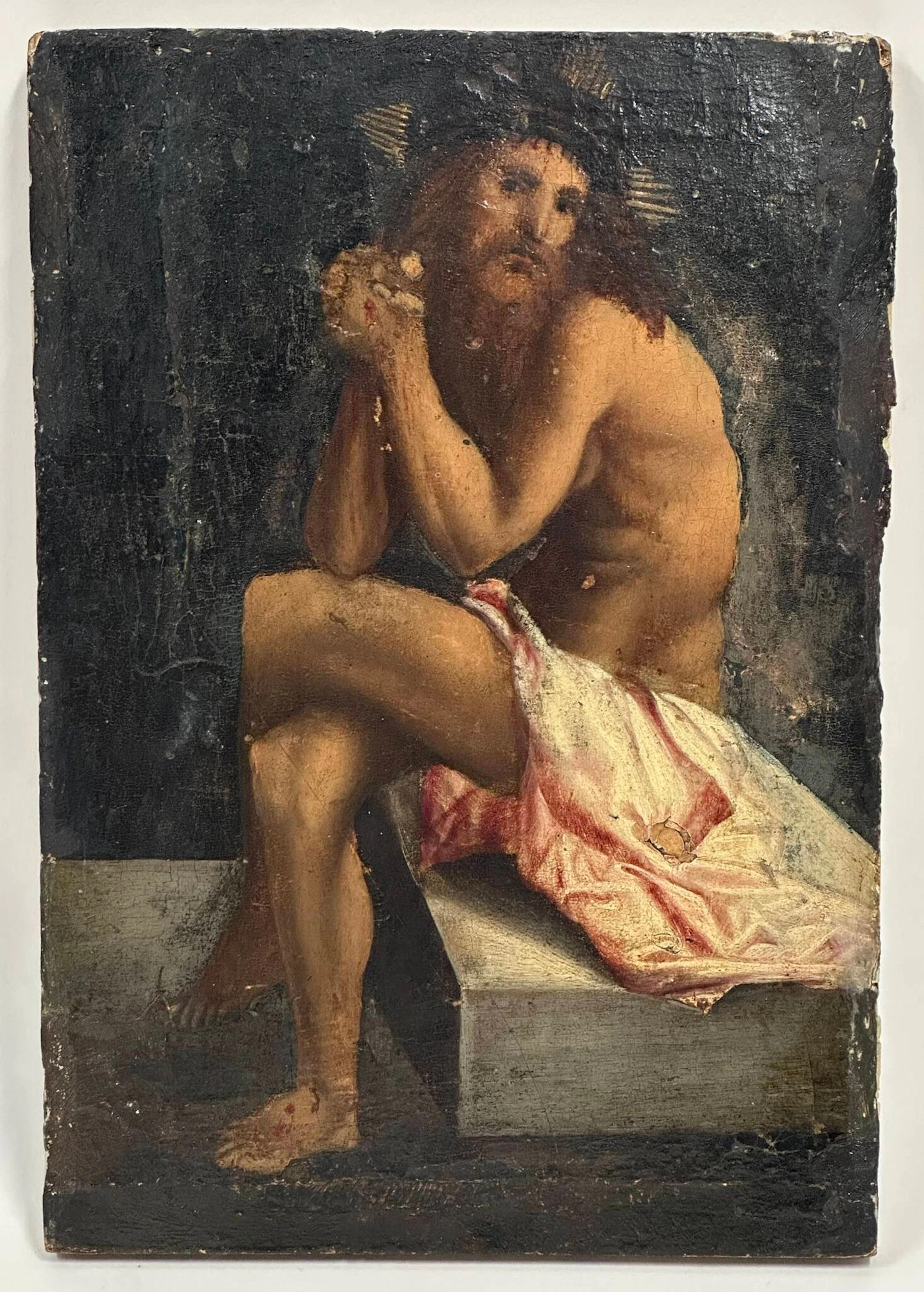 École vénitienne vers 1600, d'après Albrecht Durer (1471-1528) Le Christ aux outrages, d'après le cycle de La Grande Passion de 1511 Huile sur panneau 29,5 x 20 cm. Au dos, trace de cachet de cire