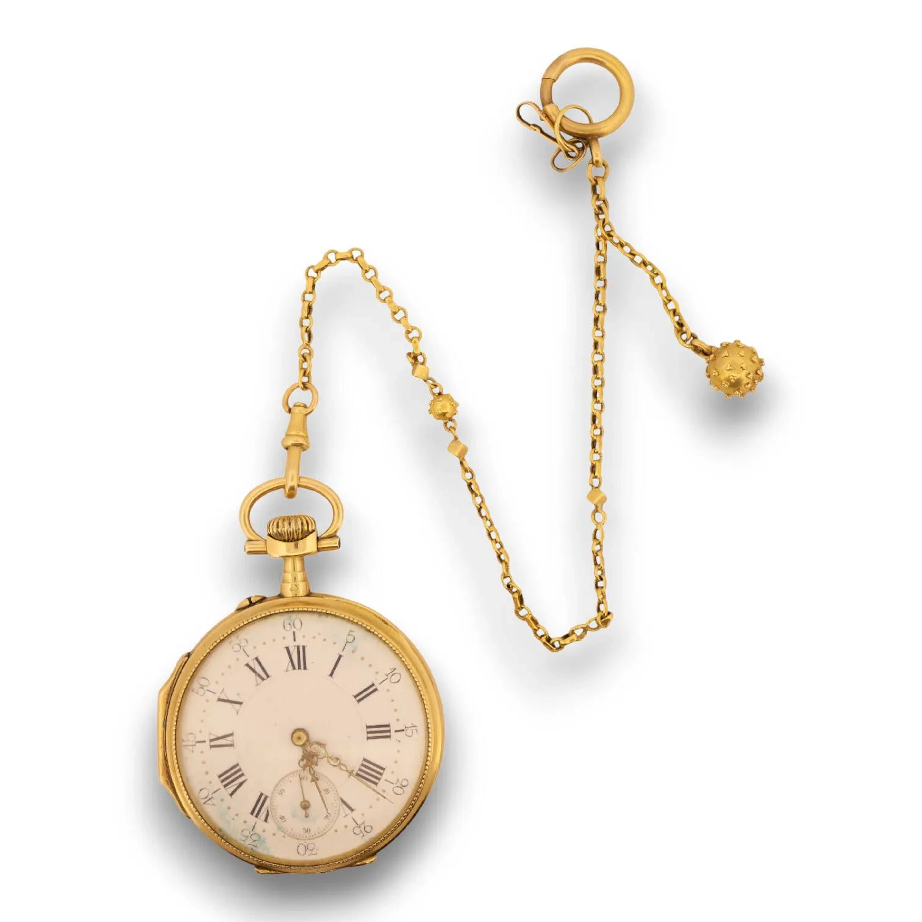 Montre de gousset en or jaune (750), cadran émaillé en plein à chiffres romains pour les heures et arabes pour les minutes, chemin de fer et trotteuse à 6 heures, aiguilles type persil. Couvercle du boîtier cerclé d'une frise de perles, numéroté 39763. Cache-poussière portant les inscriptions "Ancre ligne droite - Balancier compensée - levées visibles spiral breguet - 19 - rubis". Remontage manuel Seconde moitié du XIXème siècle Titre: Tête de cheval, Maître: SG différent clef Poids: 72,8 gr Diam. 45 mm Chocs et rayures, taches bleues On y joint une chaîne de montre en or jaune (750) agrémentée de sphères à motifs de grènetis. Poids brut: 9 gr