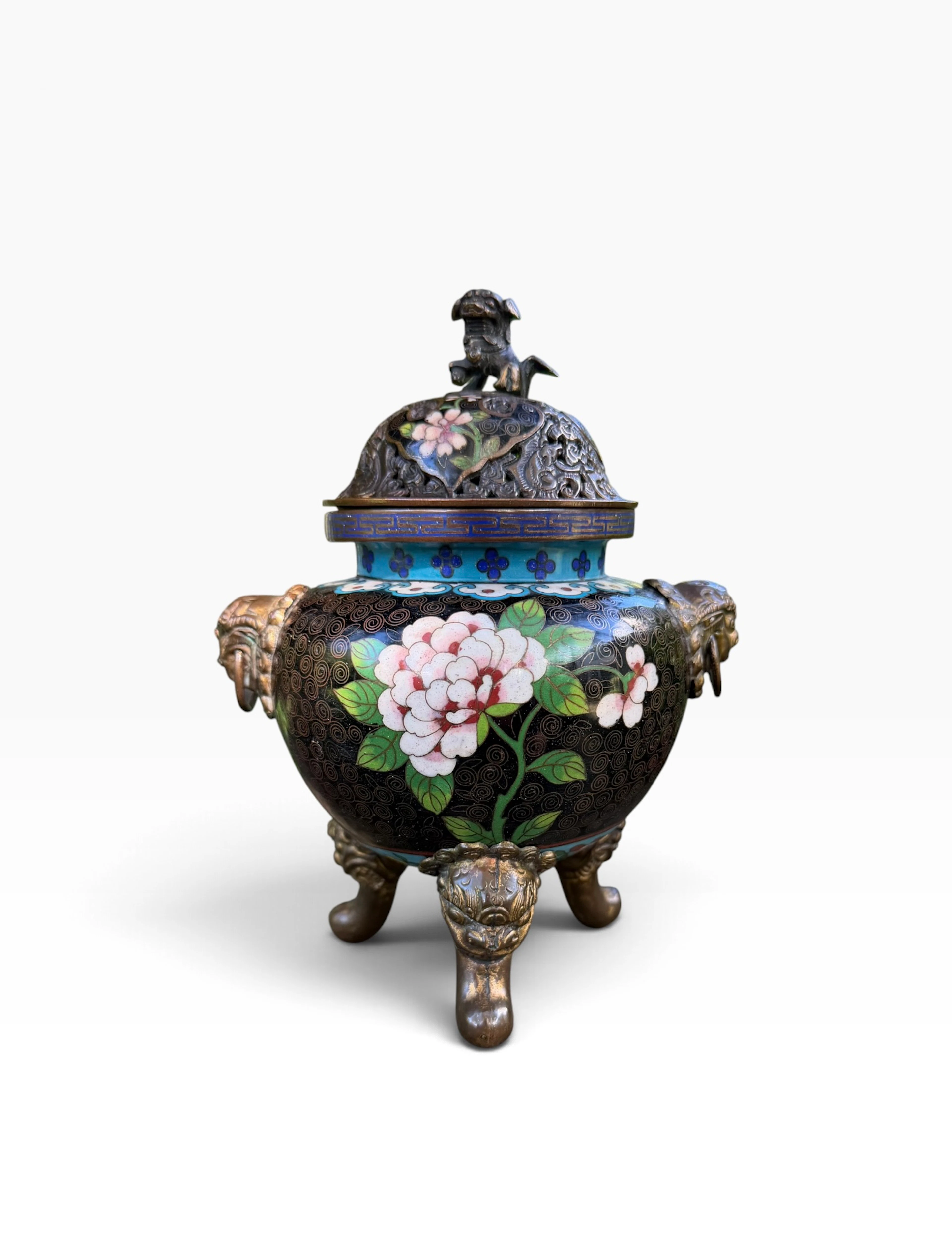 Chinese cloisonné censer & cover, c. 1890, Qing Dynasty.