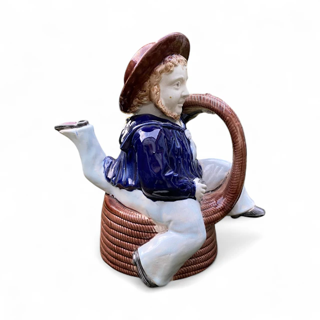 Staffordshire Majolica Manxman teapot, c. 1880.