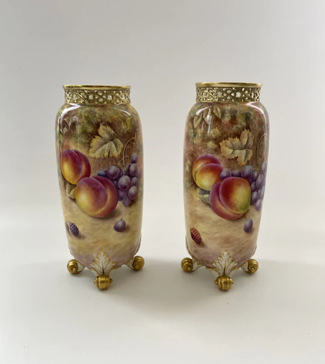 Royal Worcester Fruit vases, signed David J. Scyner.