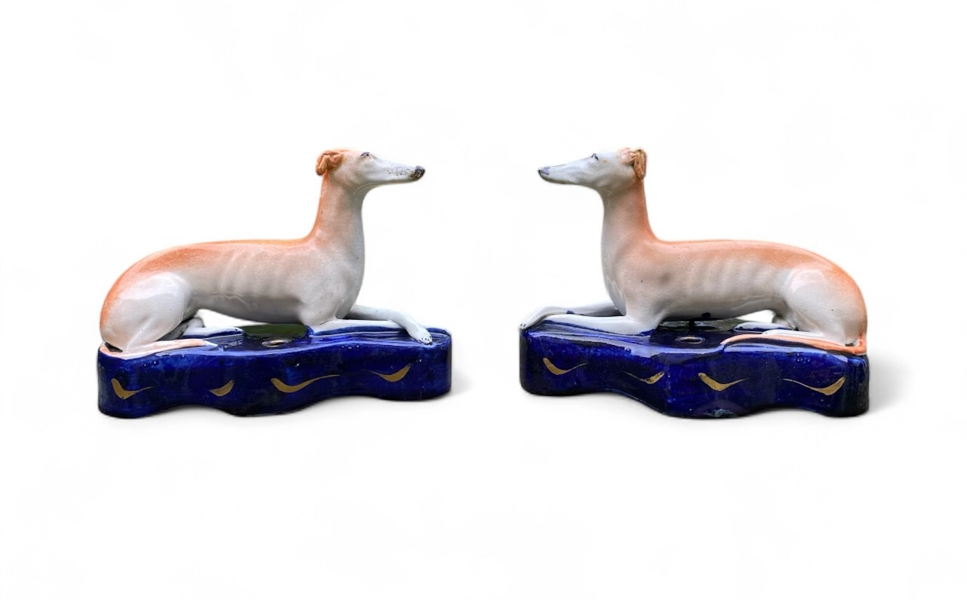 Pair Staffordshire Greyhound quill holders, c. 1850.