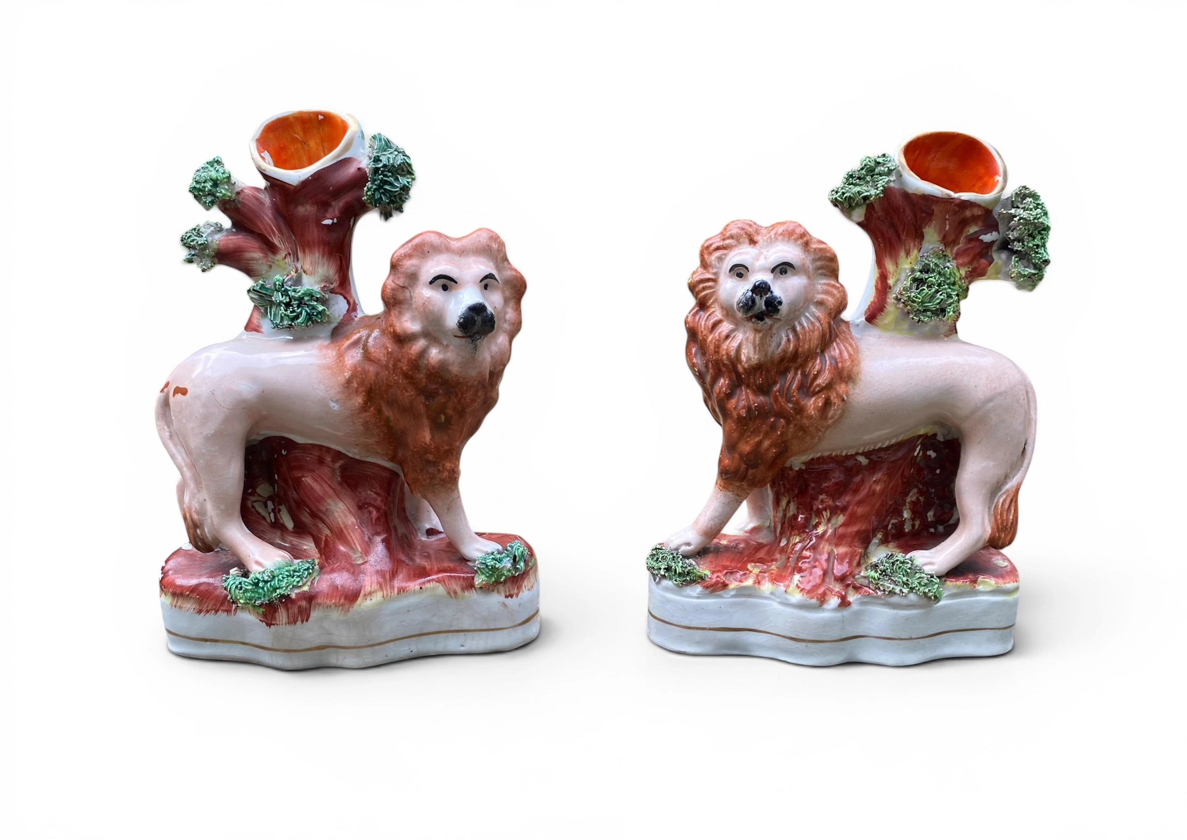 Pair Staffordshire Lion spill vases, Thomas Parr, c. 1850.