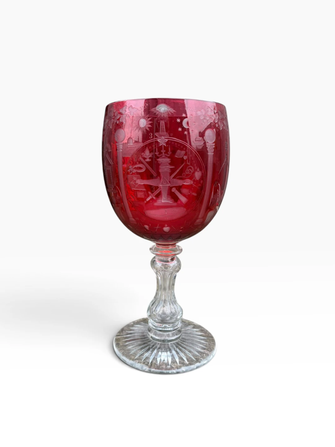 A large cranberry glass Masonic goblet, c. 1880.