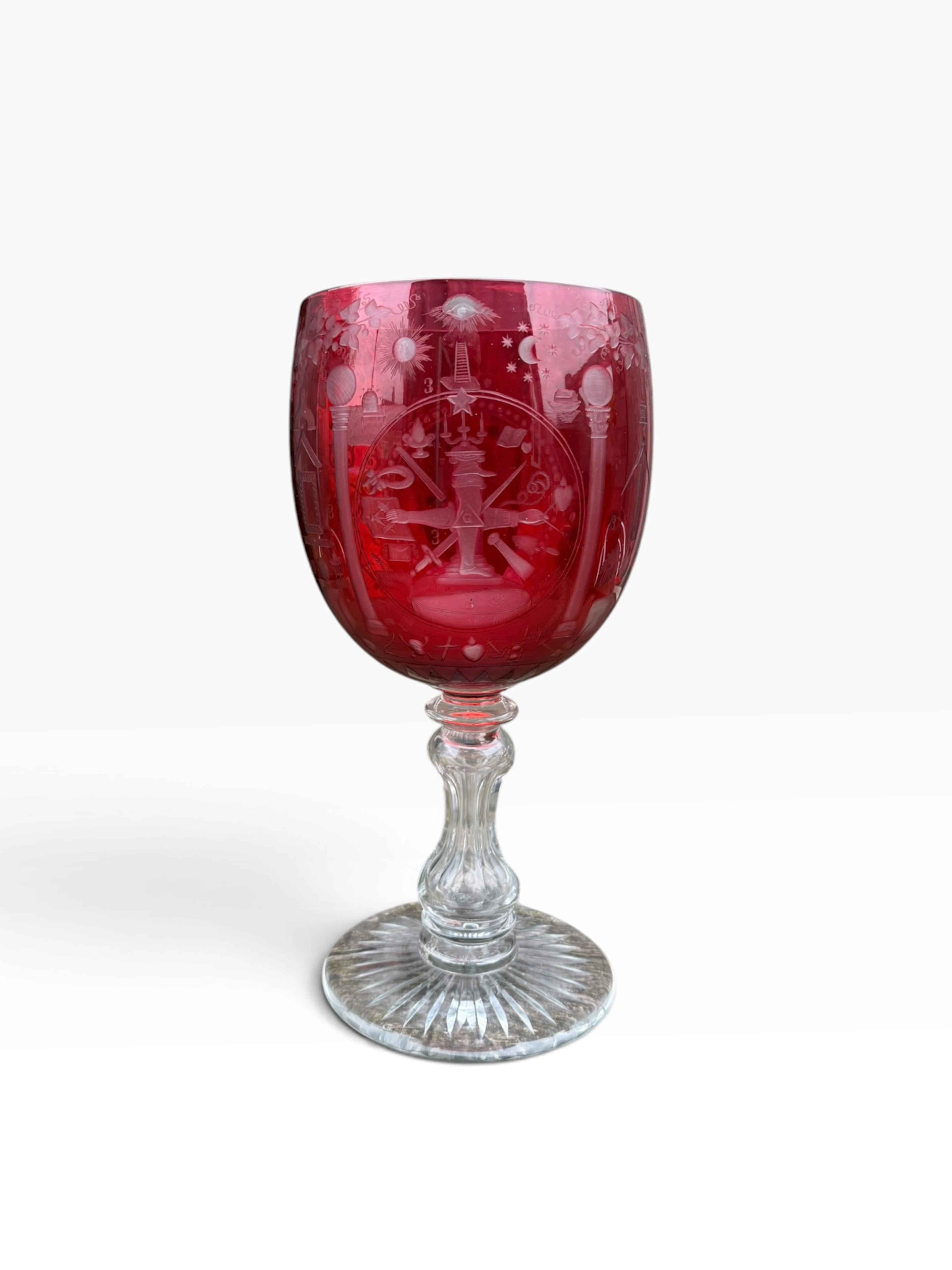A large cranberry glass Masonic goblet, c. 1880.