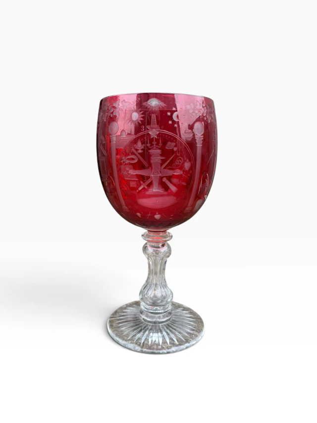 A large cranberry glass Masonic goblet, c. 1880.