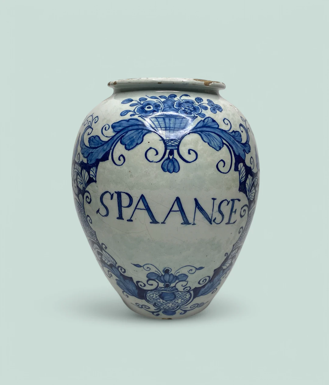 Dutch Delft tobacco jar ‘SPAANSE’, c. 1720.