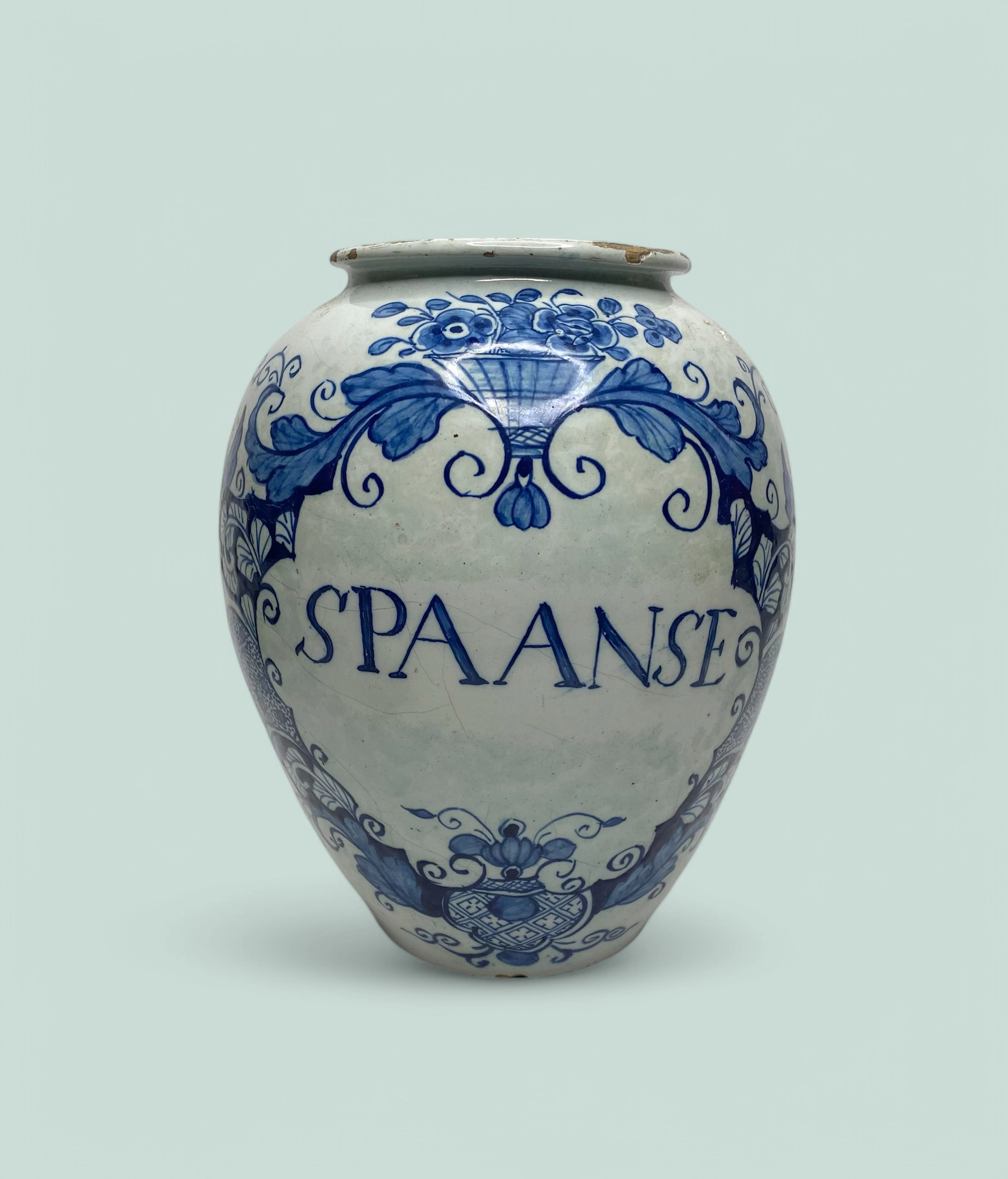 Dutch Delft tobacco jar ‘SPAANSE’, c. 1720.