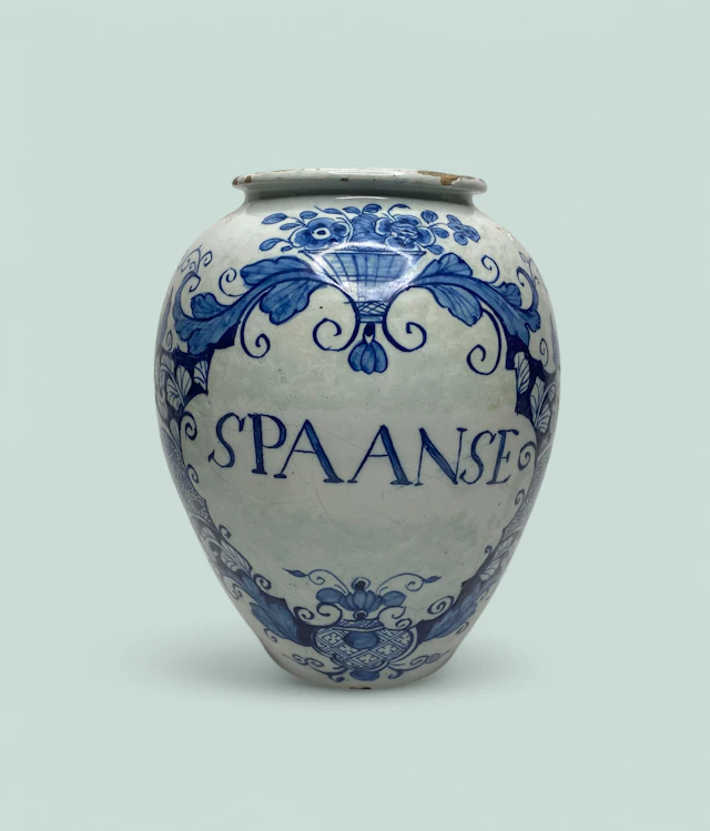 Dutch Delft tobacco jar ‘SPAANSE’, c. 1720.