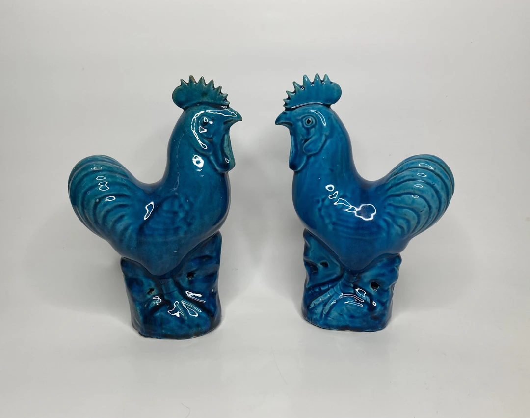 Pair Chinese porcelain cockerels, c. 1880, Qing Dynasty.