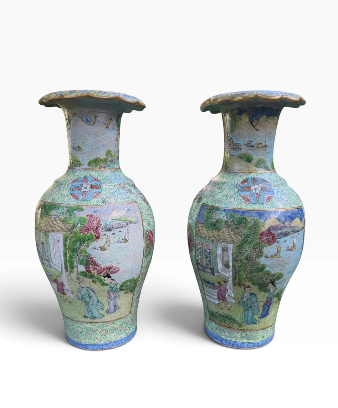 Pair Chinese enamelled Yixing stoneware vases, 19th Century.