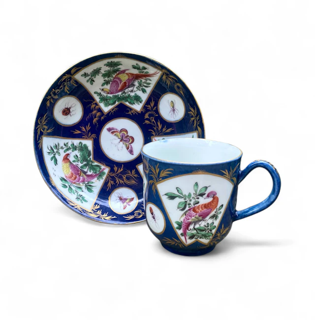 Worcester porcelain Fancy Birds cup & saucer, c. 1765.