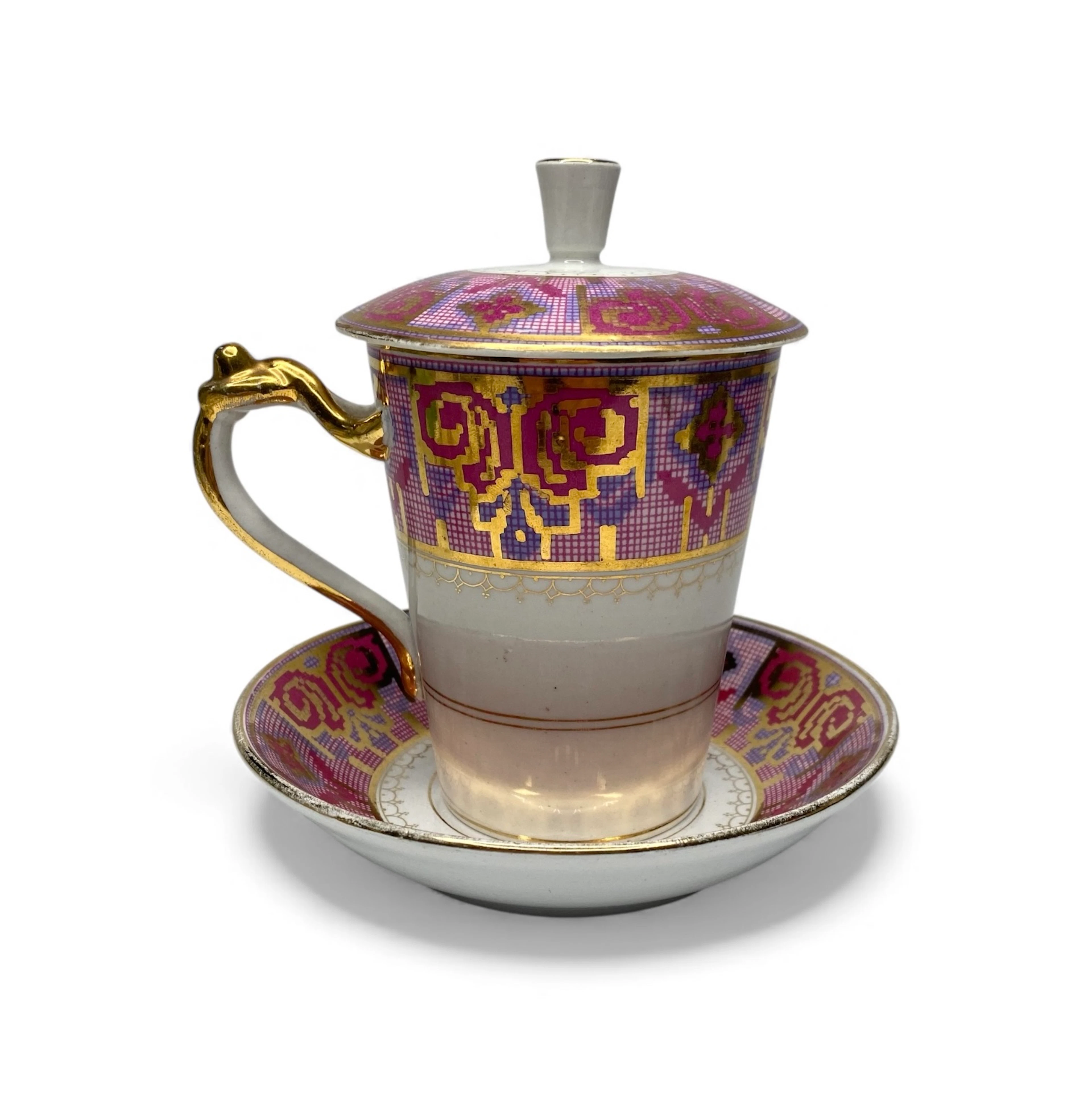 Kusnetzoff pottery cup, cover and stand, c. 1890.