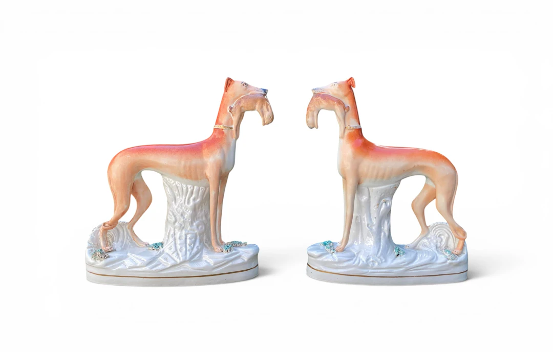Pair Staffordshire pottery Greyhounds, c.1860.