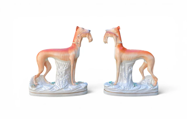 Pair Staffordshire pottery Greyhounds, c.1860.