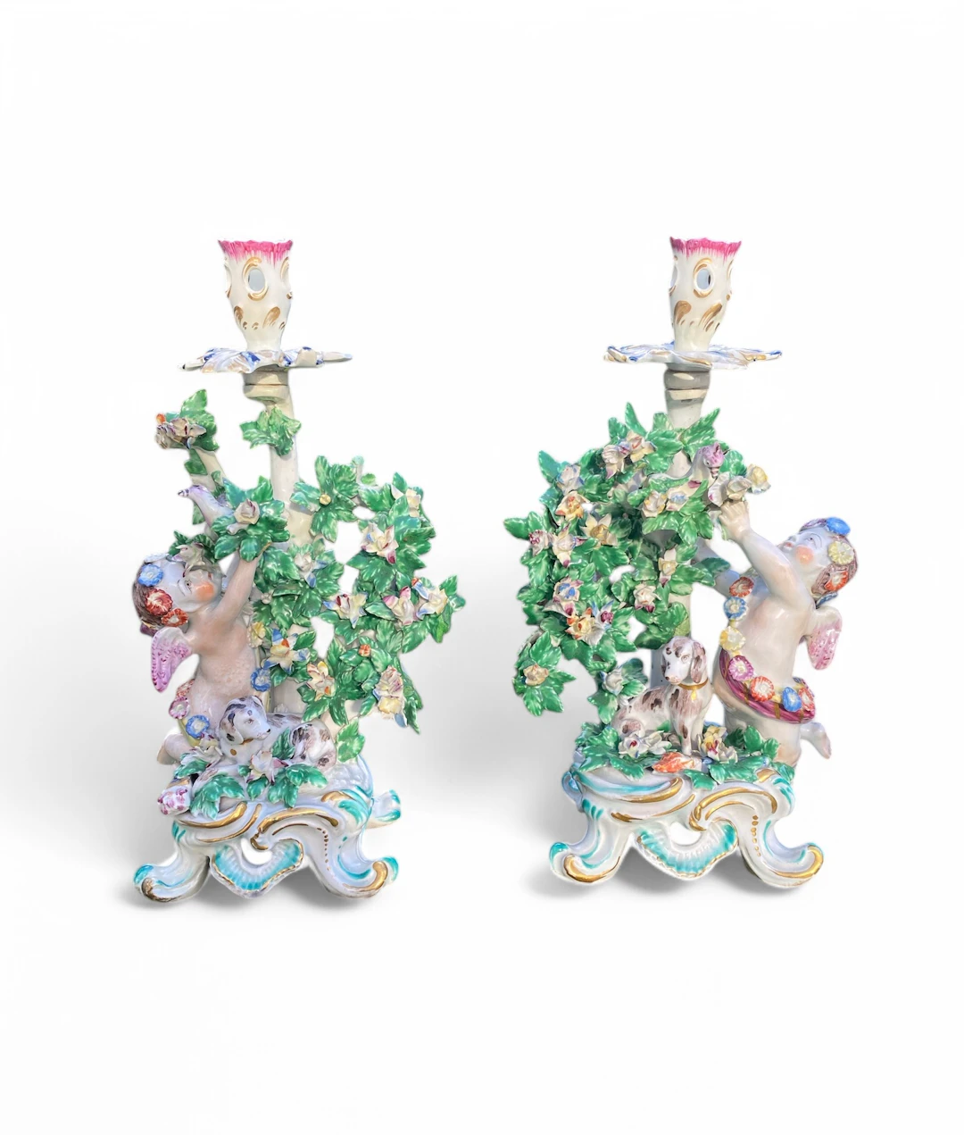 Pair of Bow porcelain bocage candlesticks, c. 1765.